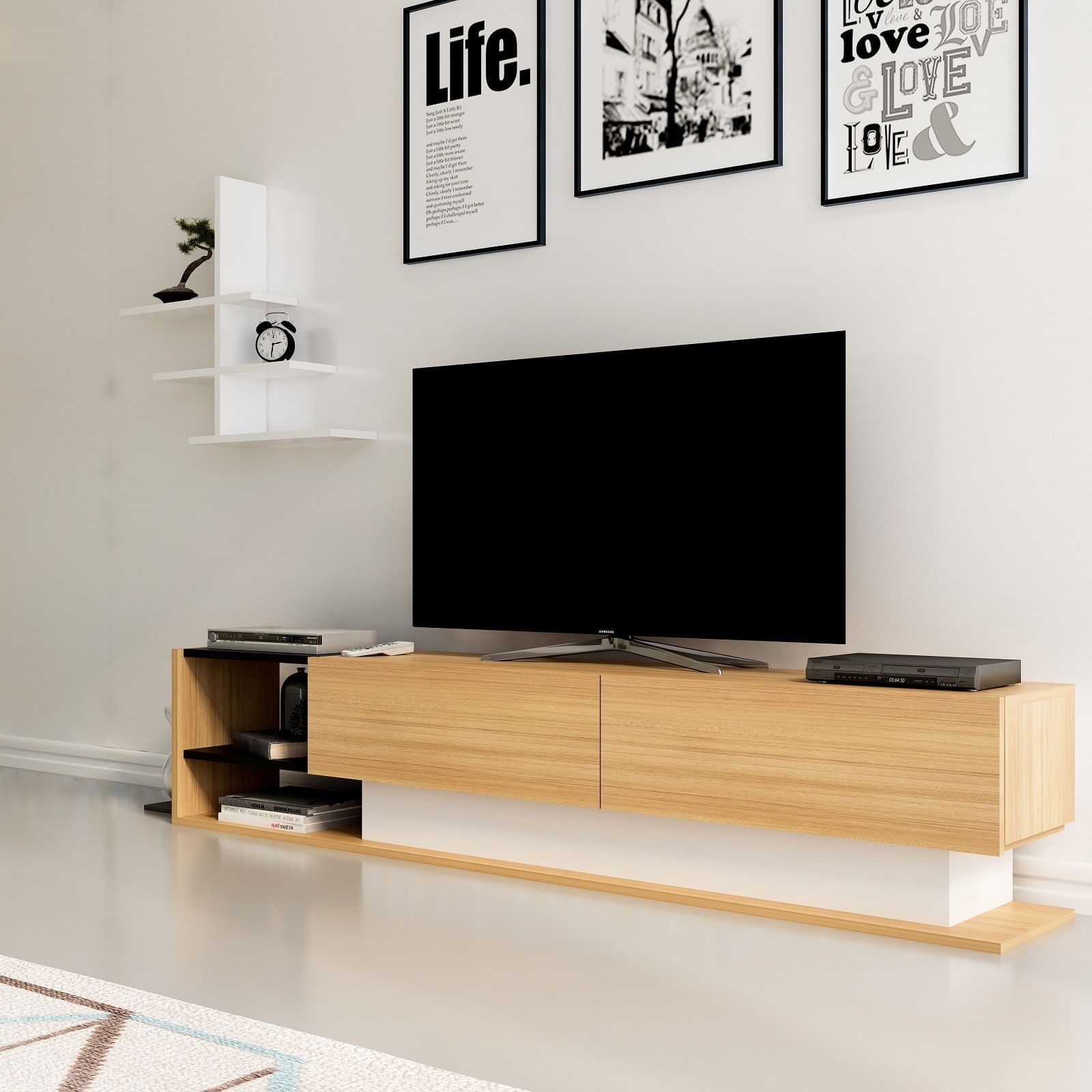 Comoda tv, Hanah Home, pal melaminat, alb si tec, 180x40x30 cm — imaginea 2