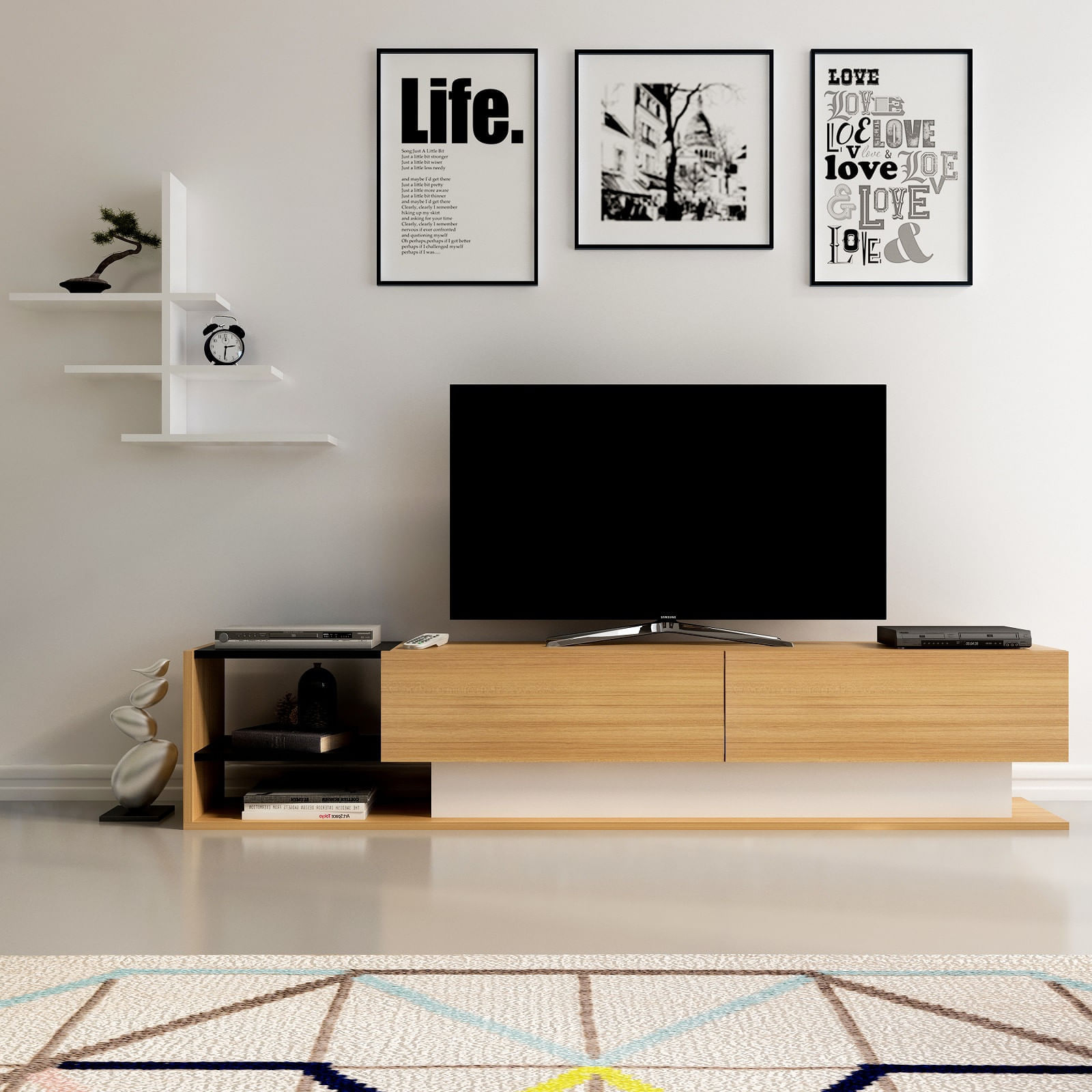 Comoda tv, Hanah Home, pal melaminat, alb si tec, 180x40x30 cm — imaginea 3