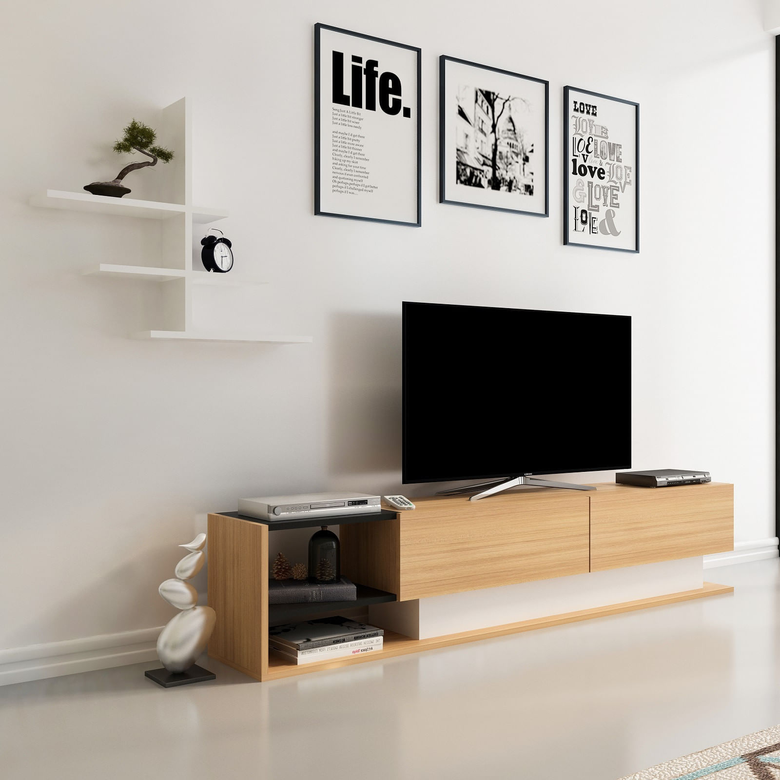 Comoda tv, Hanah Home, pal melaminat, alb si tec, 180x40x30 cm — imaginea 4