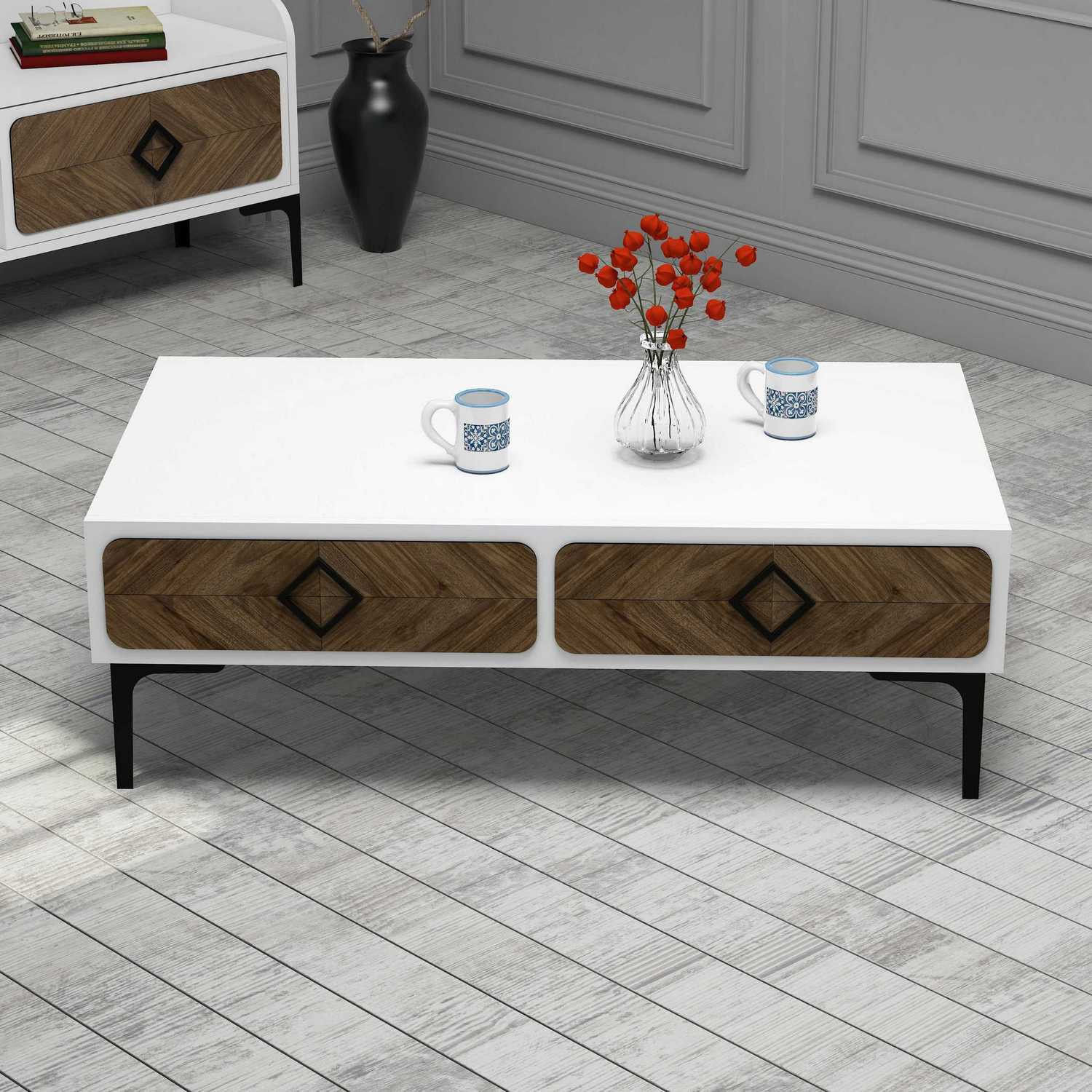 Masuta de cafea, Hanah Home, pal melaminat, alb si nuc, 105x60x34.6 cm, 845HCT2850