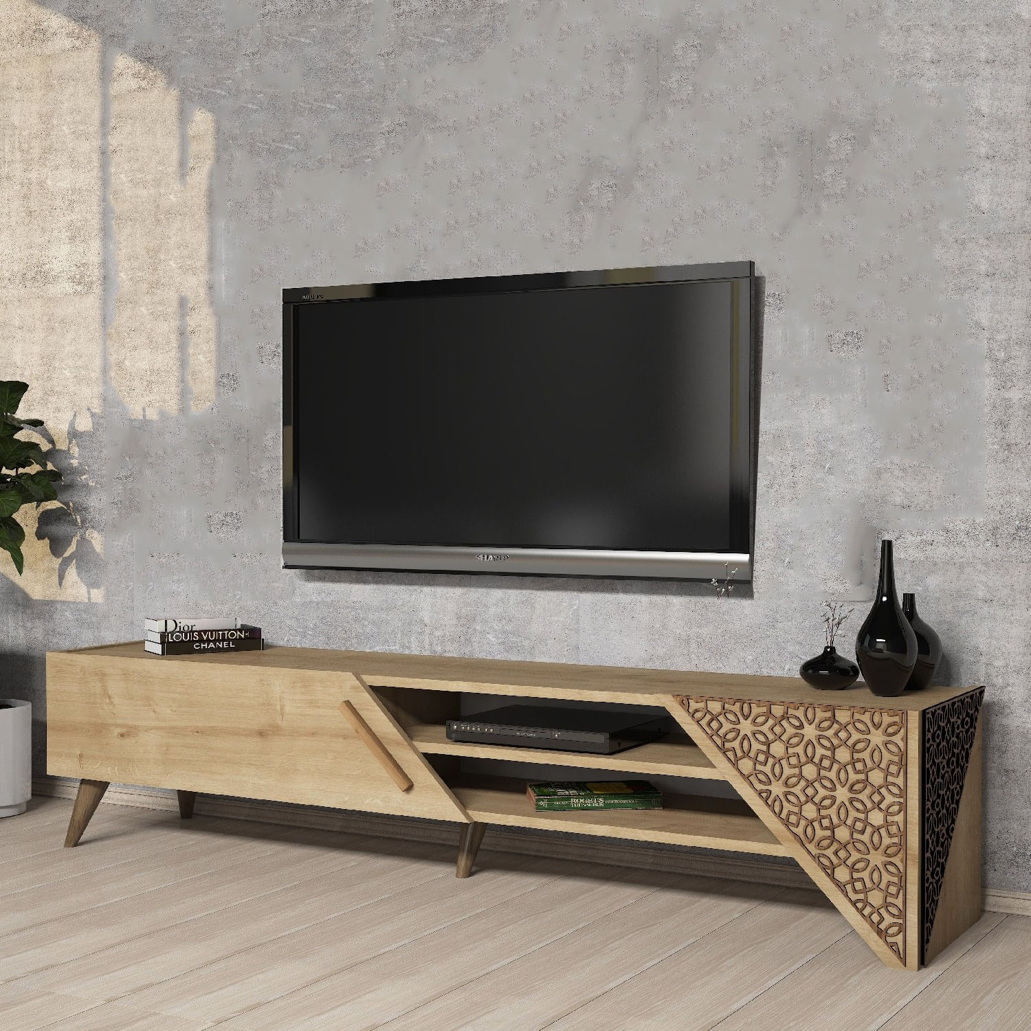 Comoda tv, Hanah Home, pal melaminat, stejar, 180x37x40 cm — imaginea 2