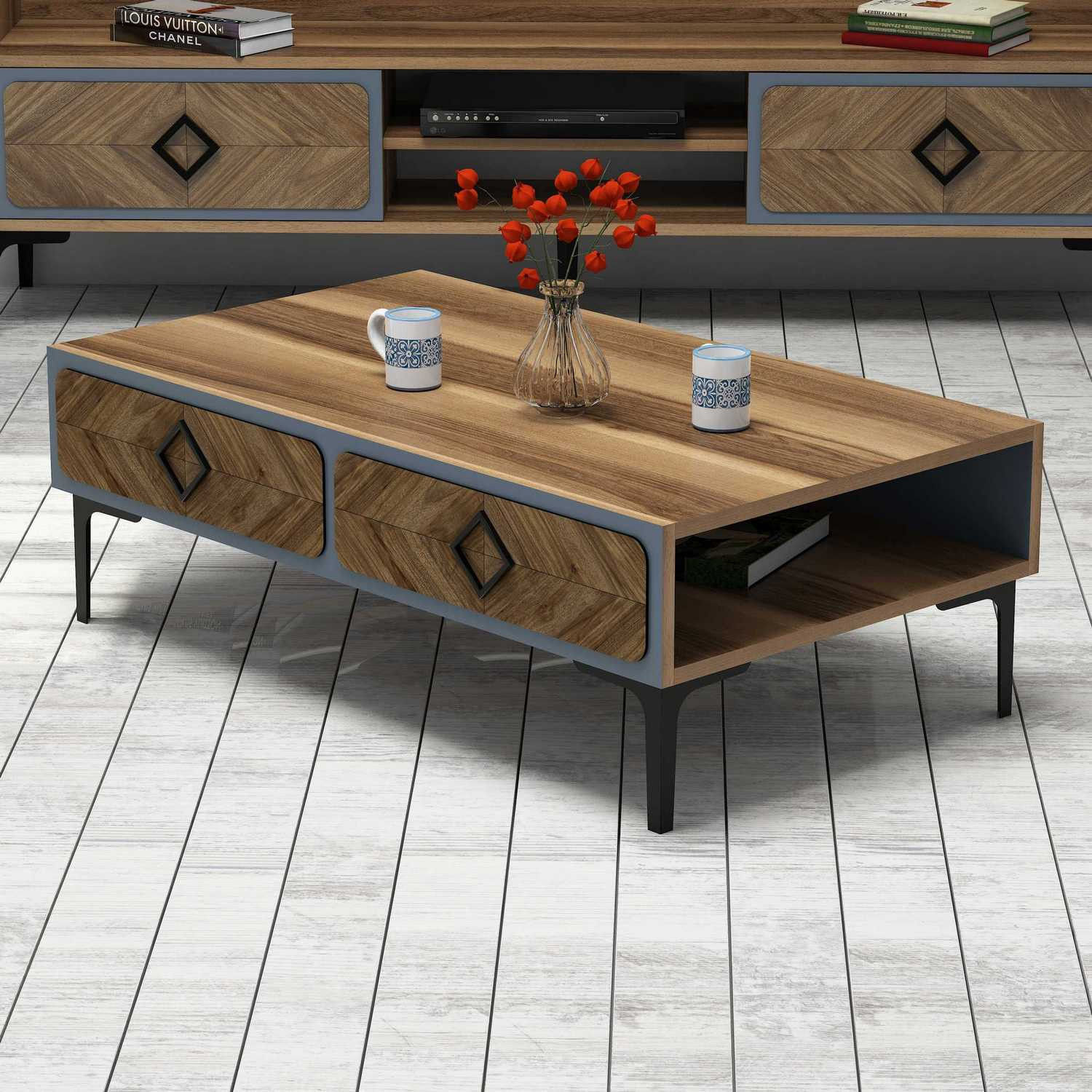 Masuta de cafea, Hanah Home, pal melaminat, nuc si albastru, 105x60x34.6 cm — imaginea 2