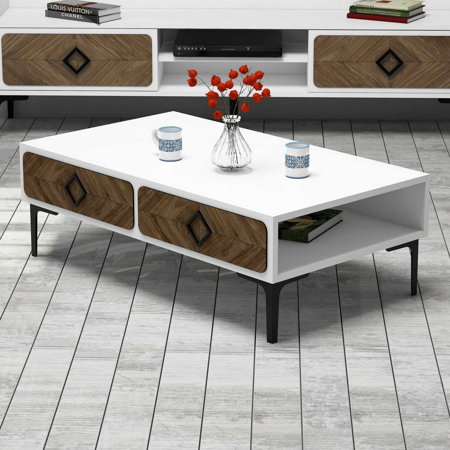Masuta de cafea, Hanah Home, pal melaminat, alb si nuc, 105x60x34.6 cm, 845HCT2850 — imaginea 2