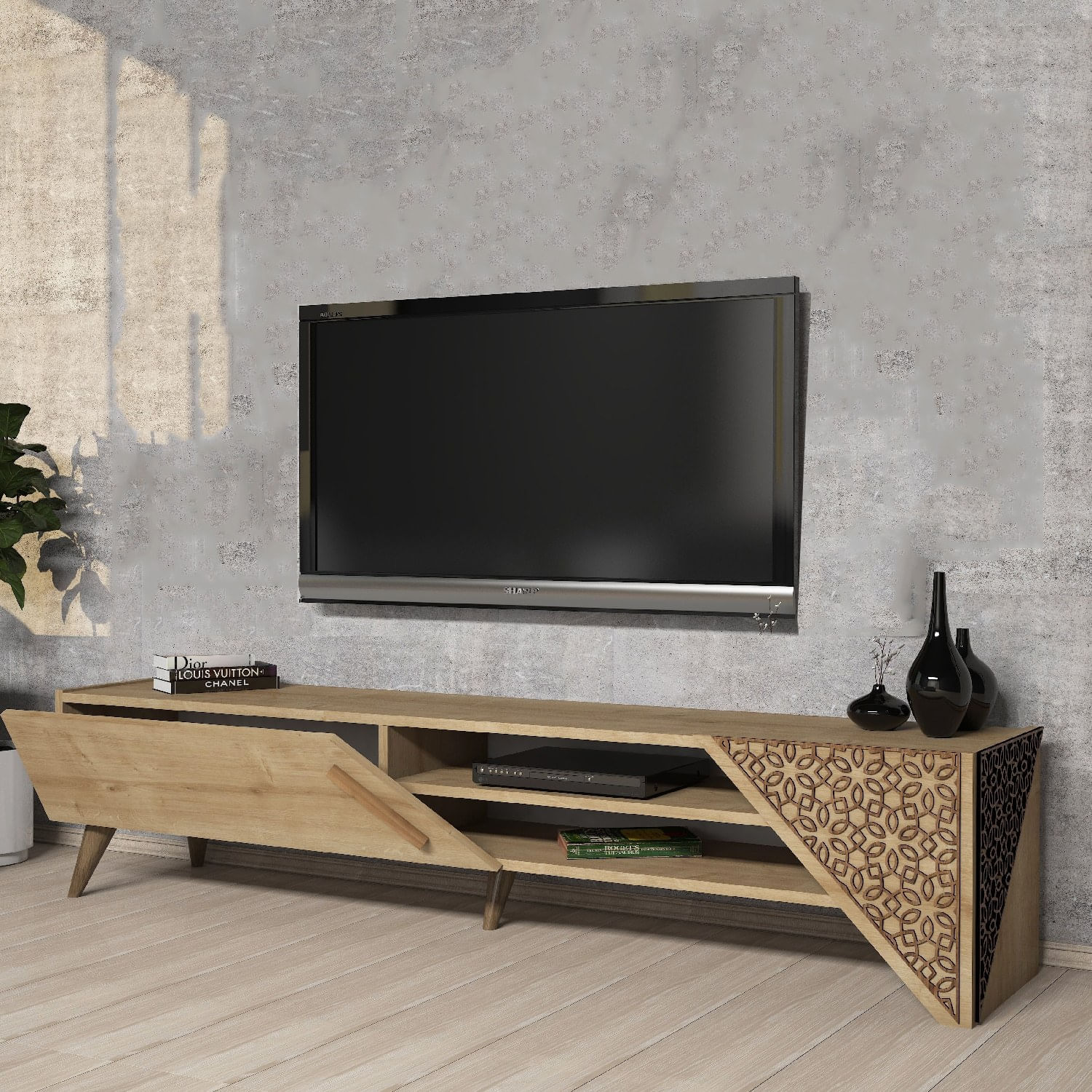 Comoda tv, Hanah Home, pal melaminat, stejar, 180x37x40 cm — imaginea 3