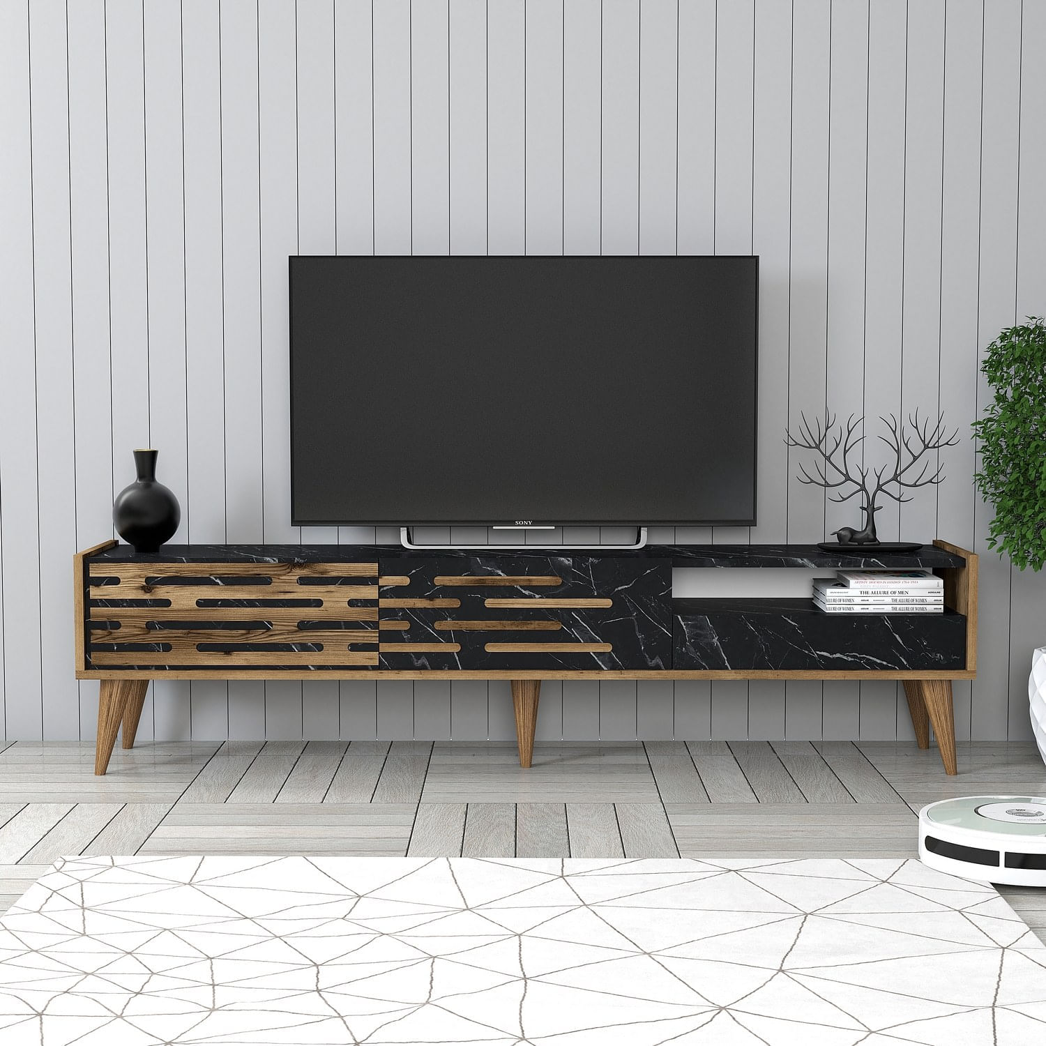 Comoda tv, Hanah Home, PAL melaminat, nuc, negru, marmura, 180x45x35 cm — imaginea 2