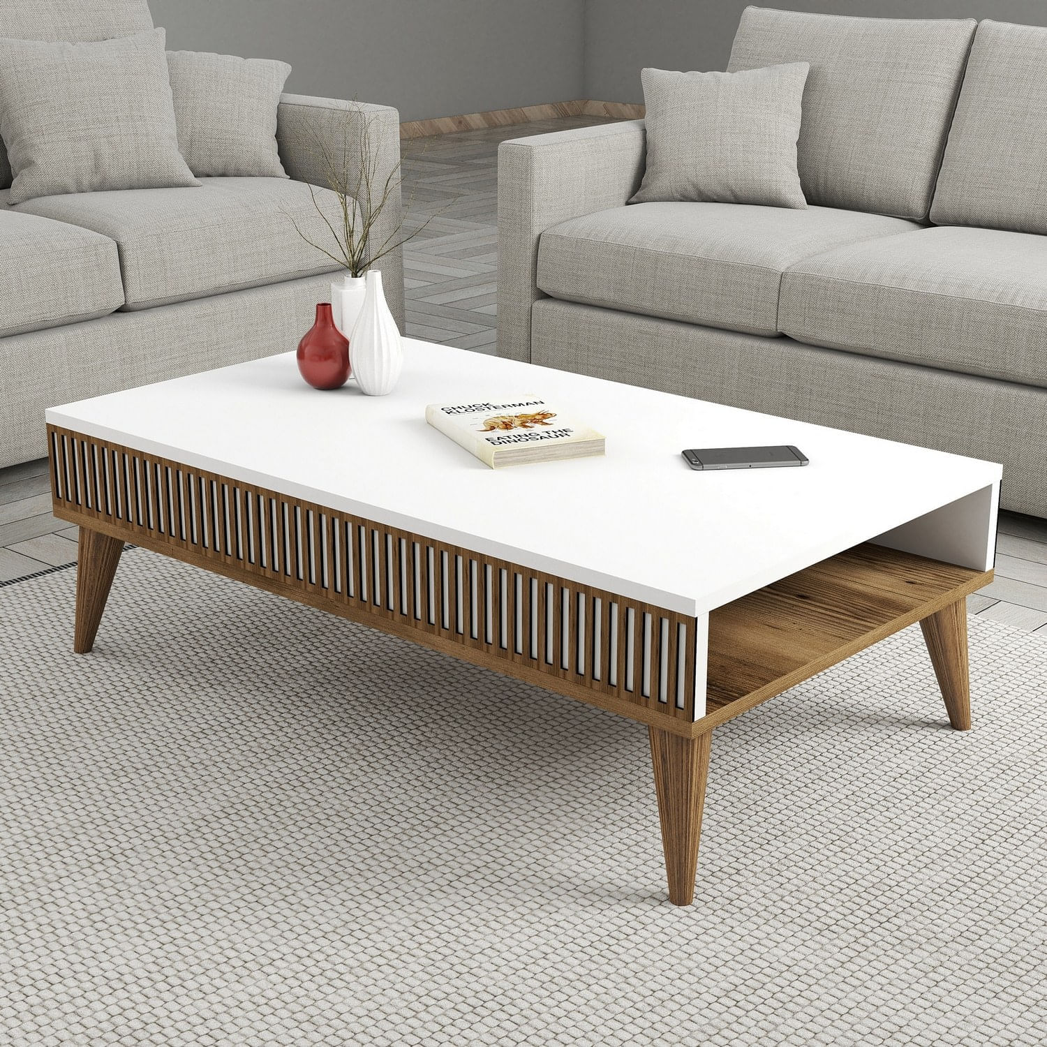Masuta de cafea, Hanah Home, pal melaminat, nuc si alb, 105x60x34.6 cm, 845HCT2886 — imaginea 2