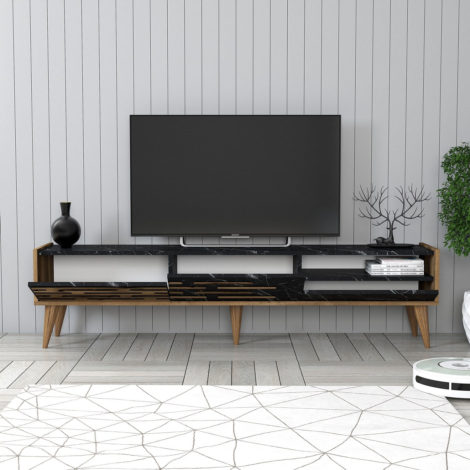Comoda tv, Hanah Home, PAL melaminat, nuc, negru, marmura, 180x45x35 cm — imaginea 3