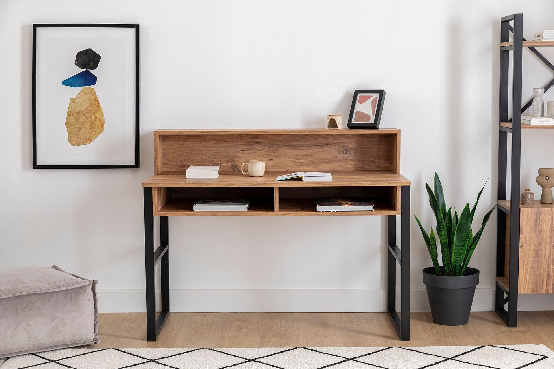 Birou de studiu, Hanah Home, pal melaminat, nuc si negru, 120x55x95.8 cm — imaginea 2