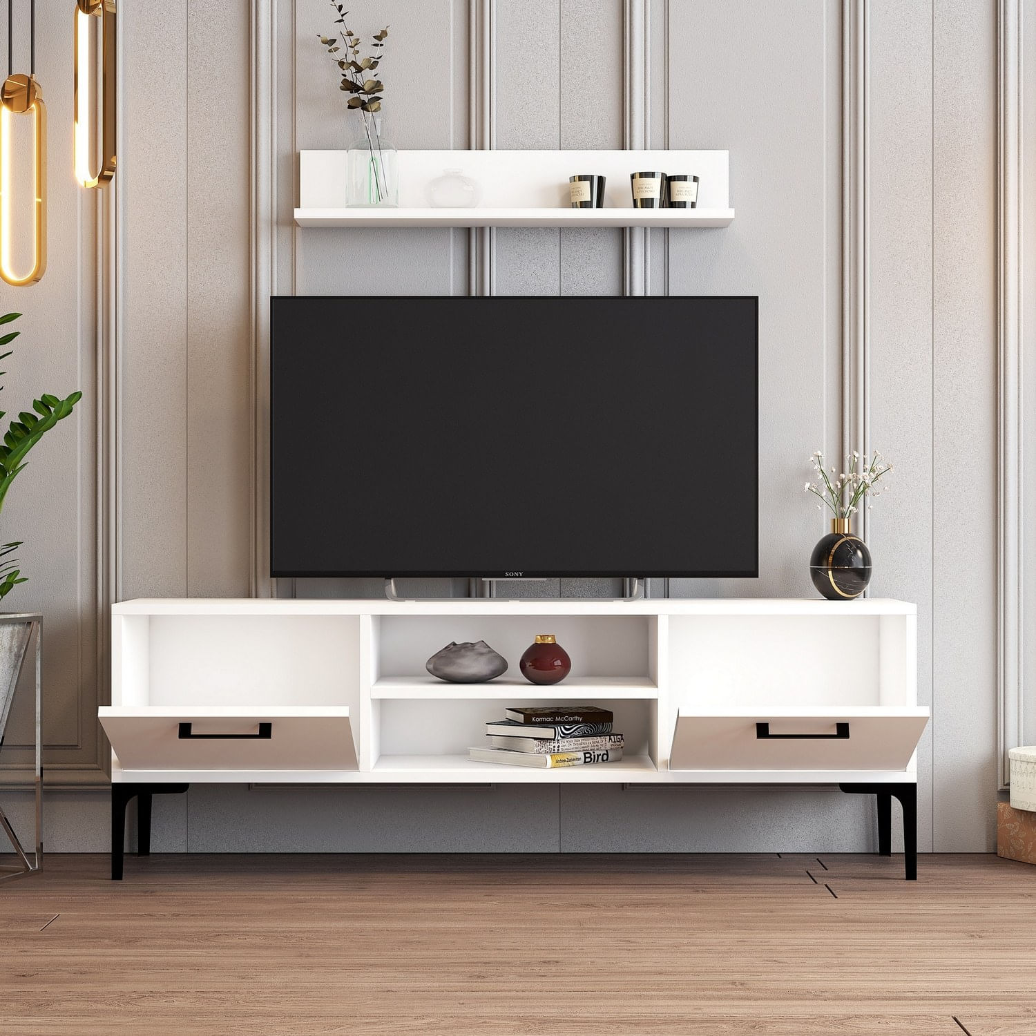 Comoda tv, Hanah Home, pal melaminat, alb, 140x48x30 cm