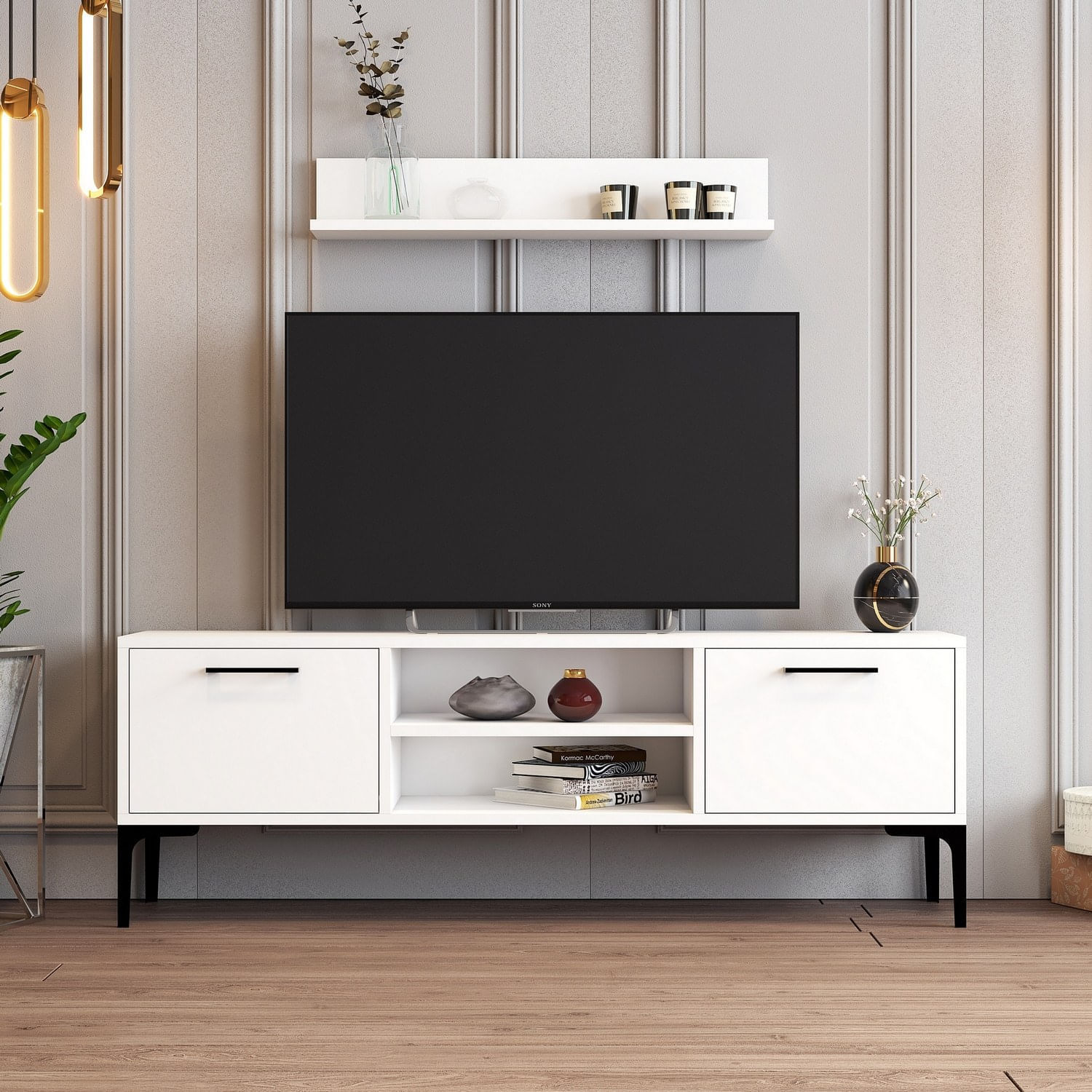 Comoda tv, Hanah Home, pal melaminat, alb, 140x48x30 cm — imaginea 2