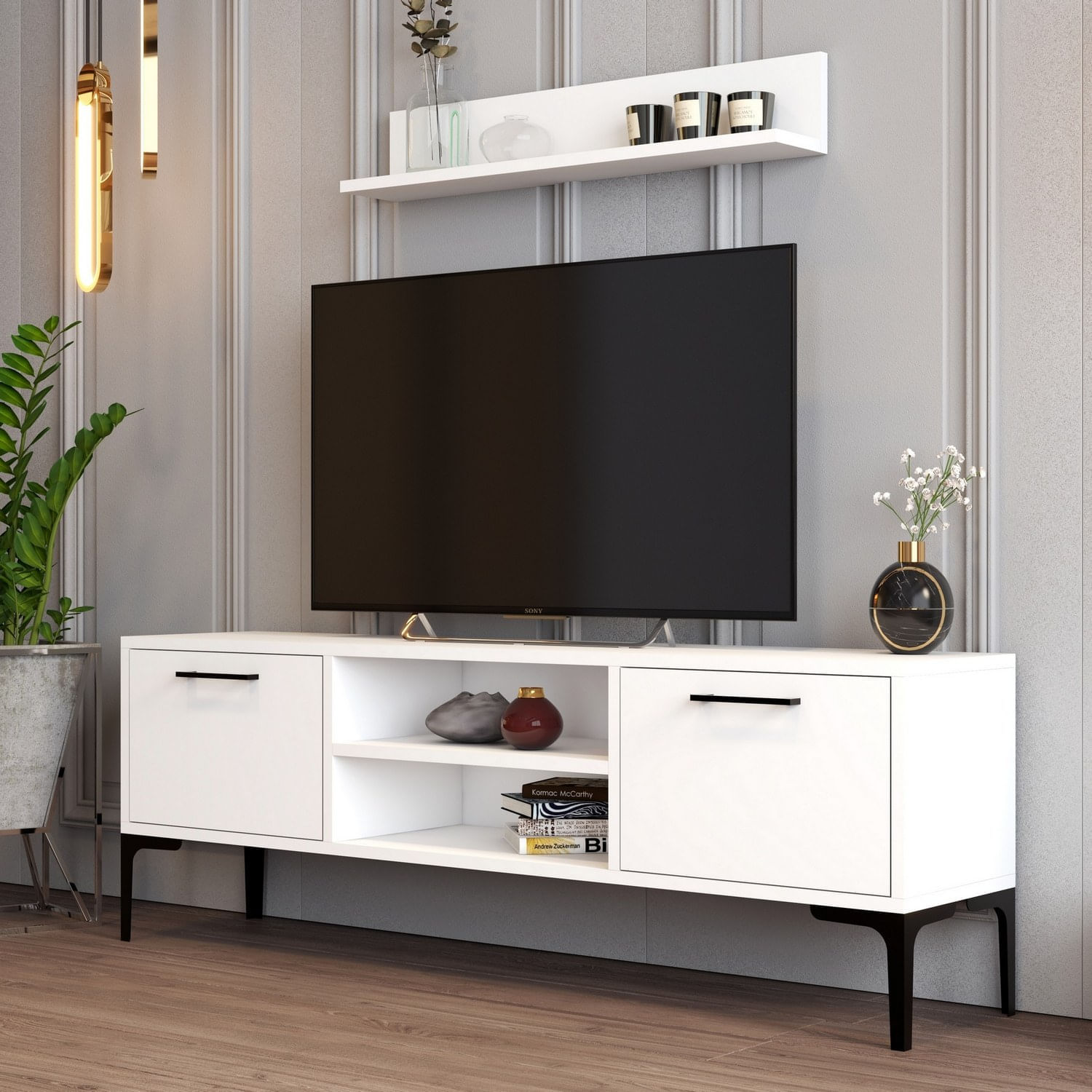 Comoda tv, Hanah Home, pal melaminat, alb, 140x48x30 cm — imaginea 3