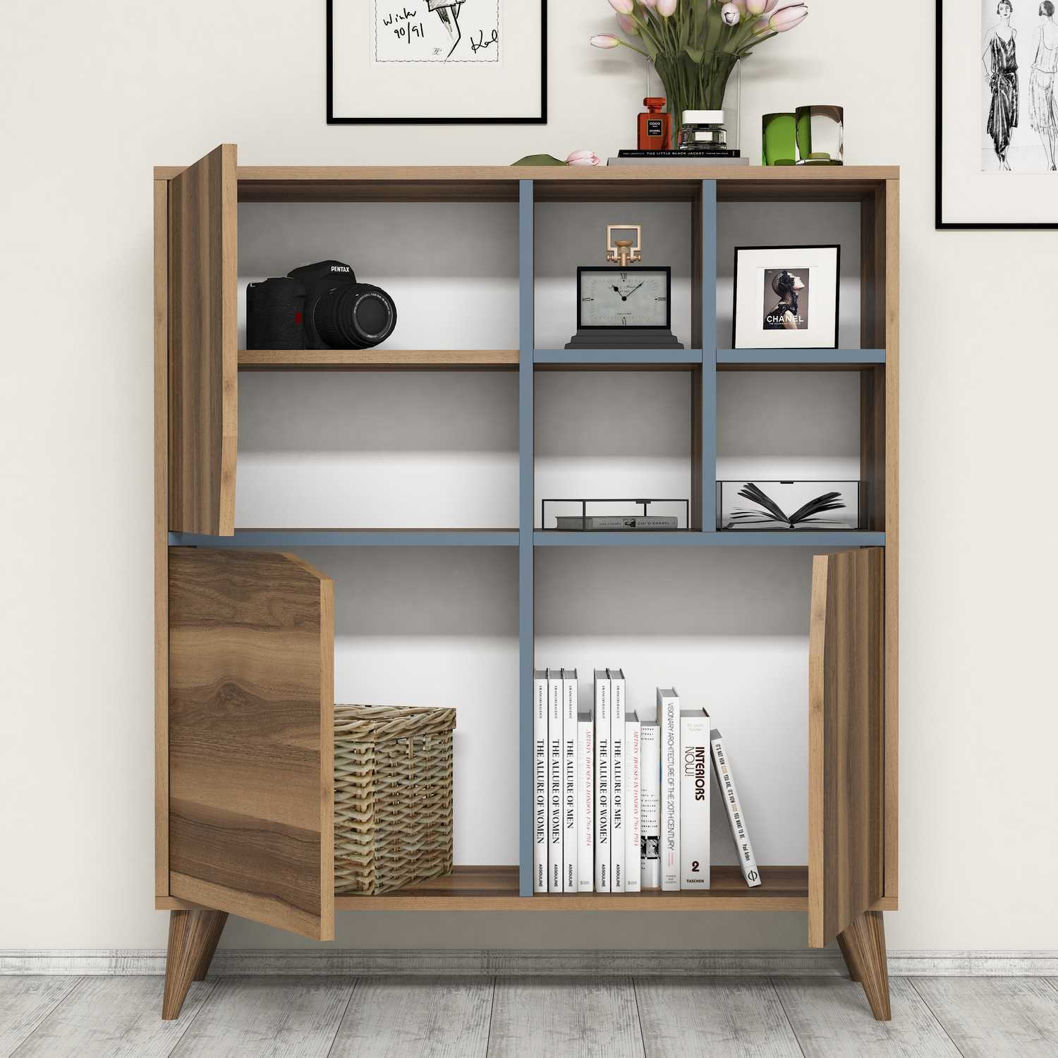 Dulap multifunctional, Hanah Home, pal melaminat, nuc si albastru, 100x30x115 cm — imaginea 2
