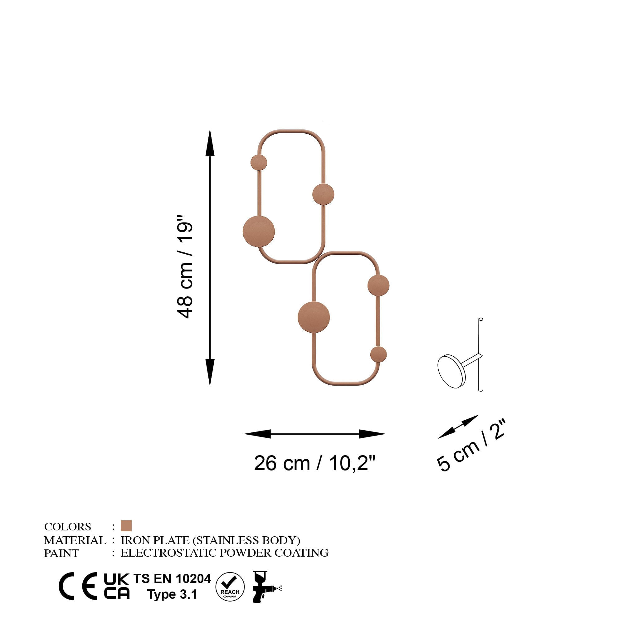 Cuiere de perete, Wallxpert, metal, cupru, 26x5x48 cm — imaginea 5