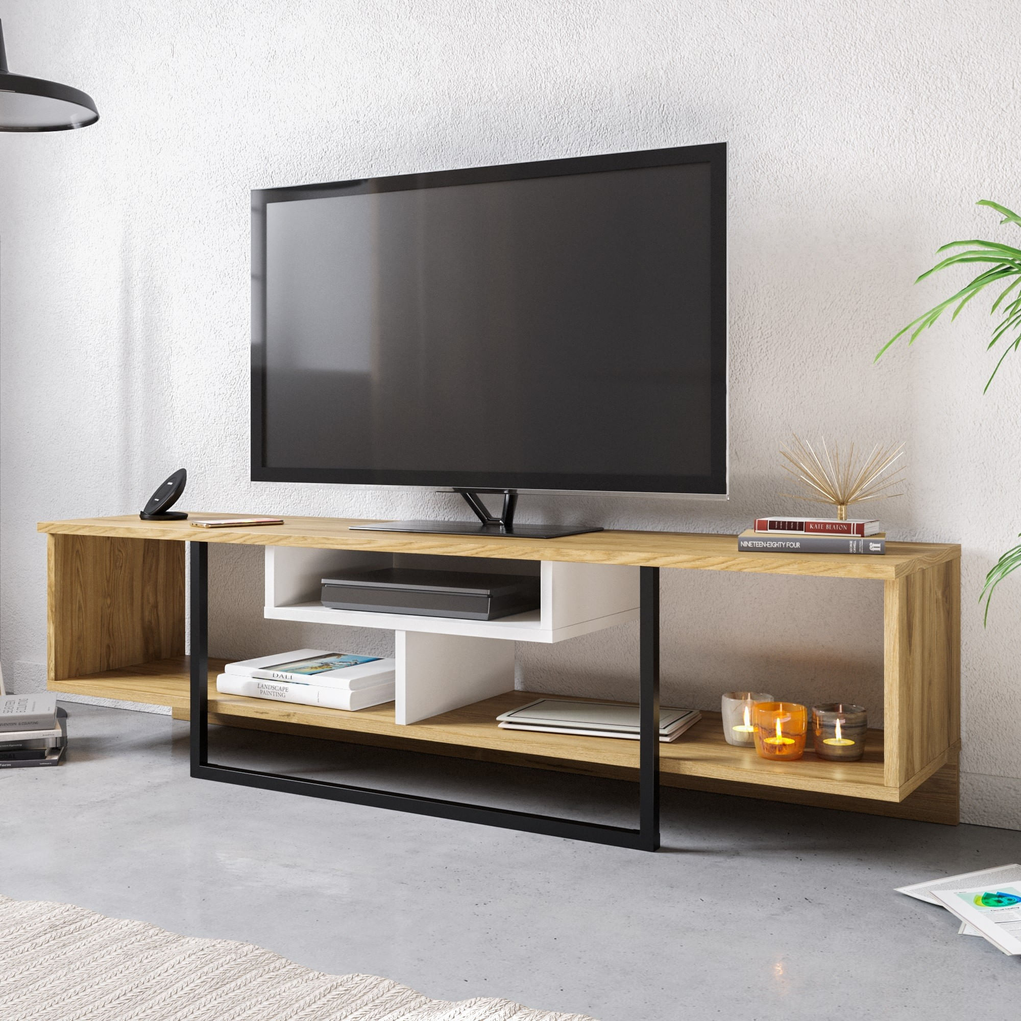 Comoda tv, Hanah Home, pal melaminat, alb, negru, stejar, 149.4x35.2x40.2 cm — imaginea 2