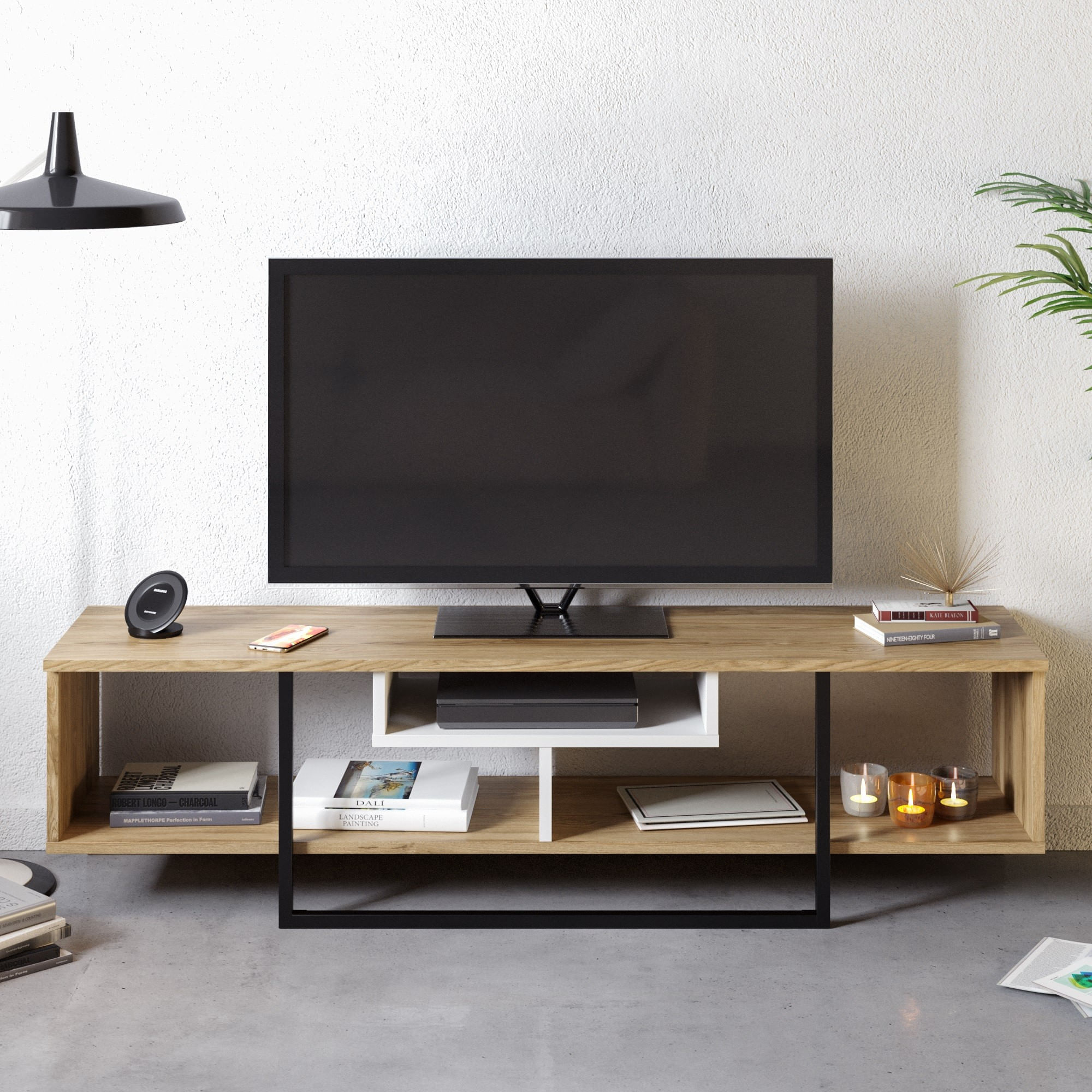 Comoda tv, Hanah Home, pal melaminat, alb, negru, stejar, 149.4x35.2x40.2 cm — imaginea 3