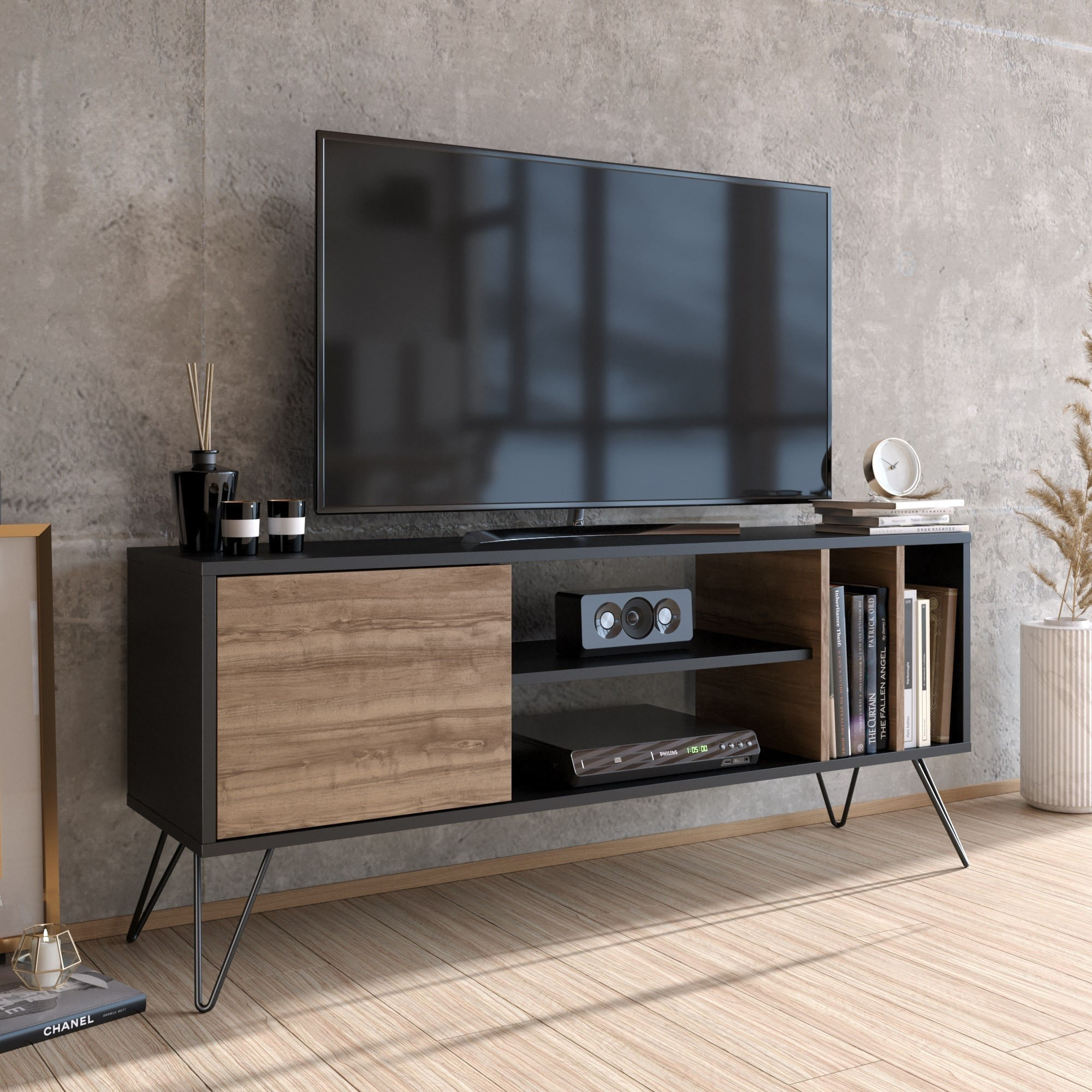 Comoda tv, Hanah Home, pal melaminat, nuc si negru, 140x35.5x58.7 cm — imaginea 2