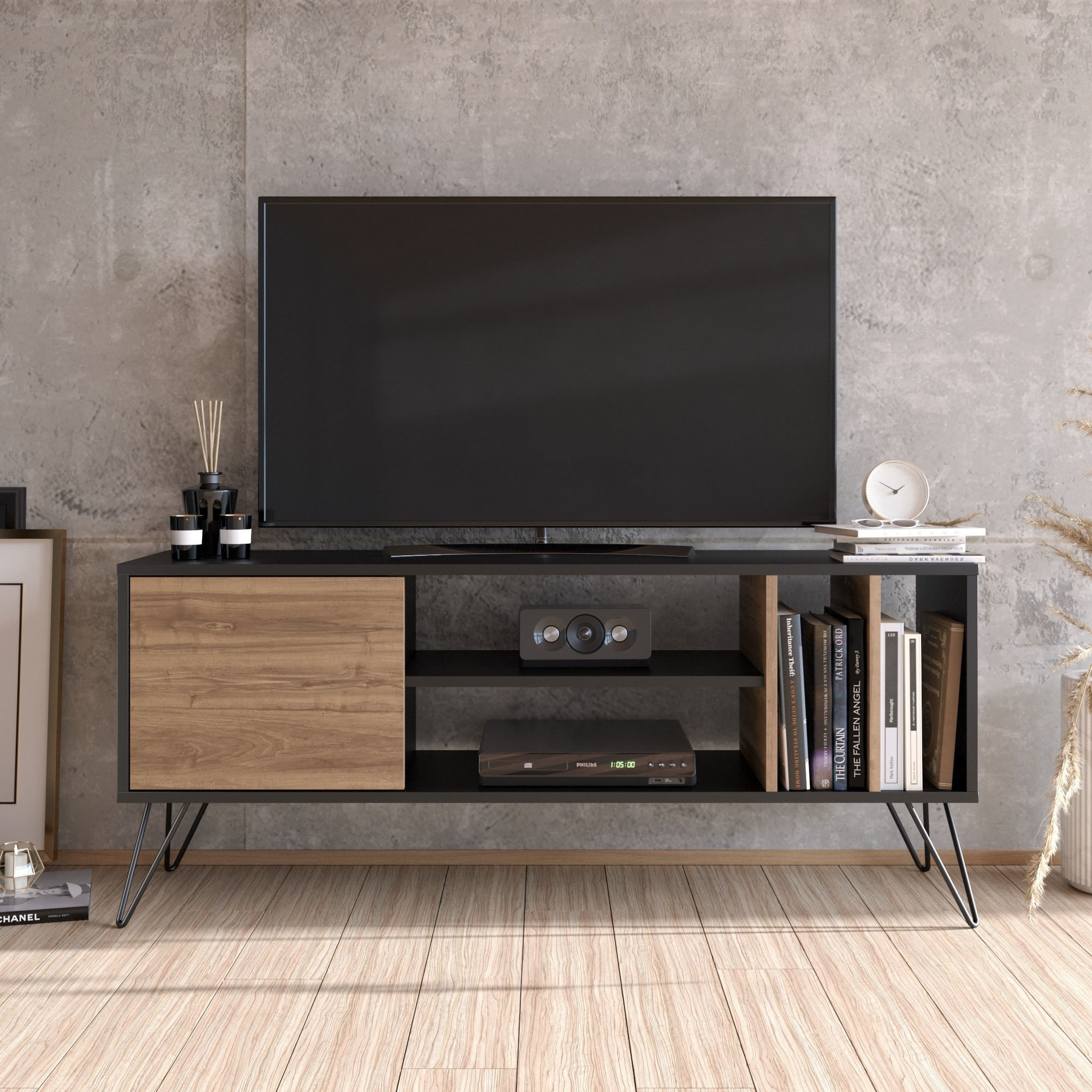 Comoda tv, Hanah Home, pal melaminat, nuc si negru, 140x35.5x58.7 cm — imaginea 4