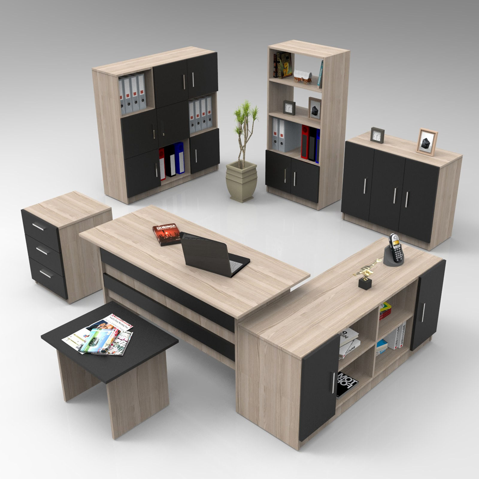 Set mobilier birou, Hanah Home, pal melaminat, stejar larx negru