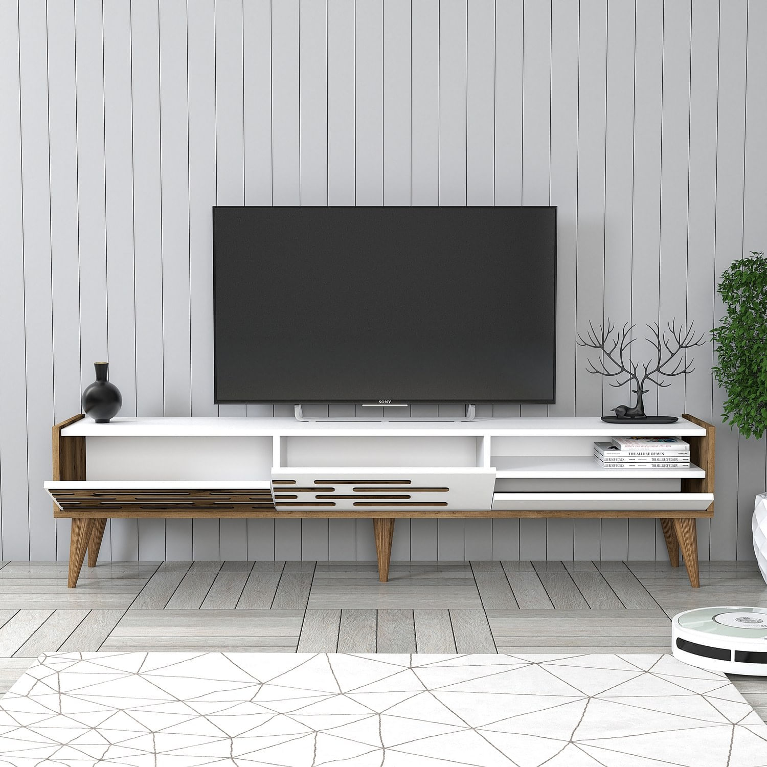 Comoda tv, Hanah Home, pal melaminat, nuc si alb, 180x45x35 cm, 845HCT5350 — imaginea 2