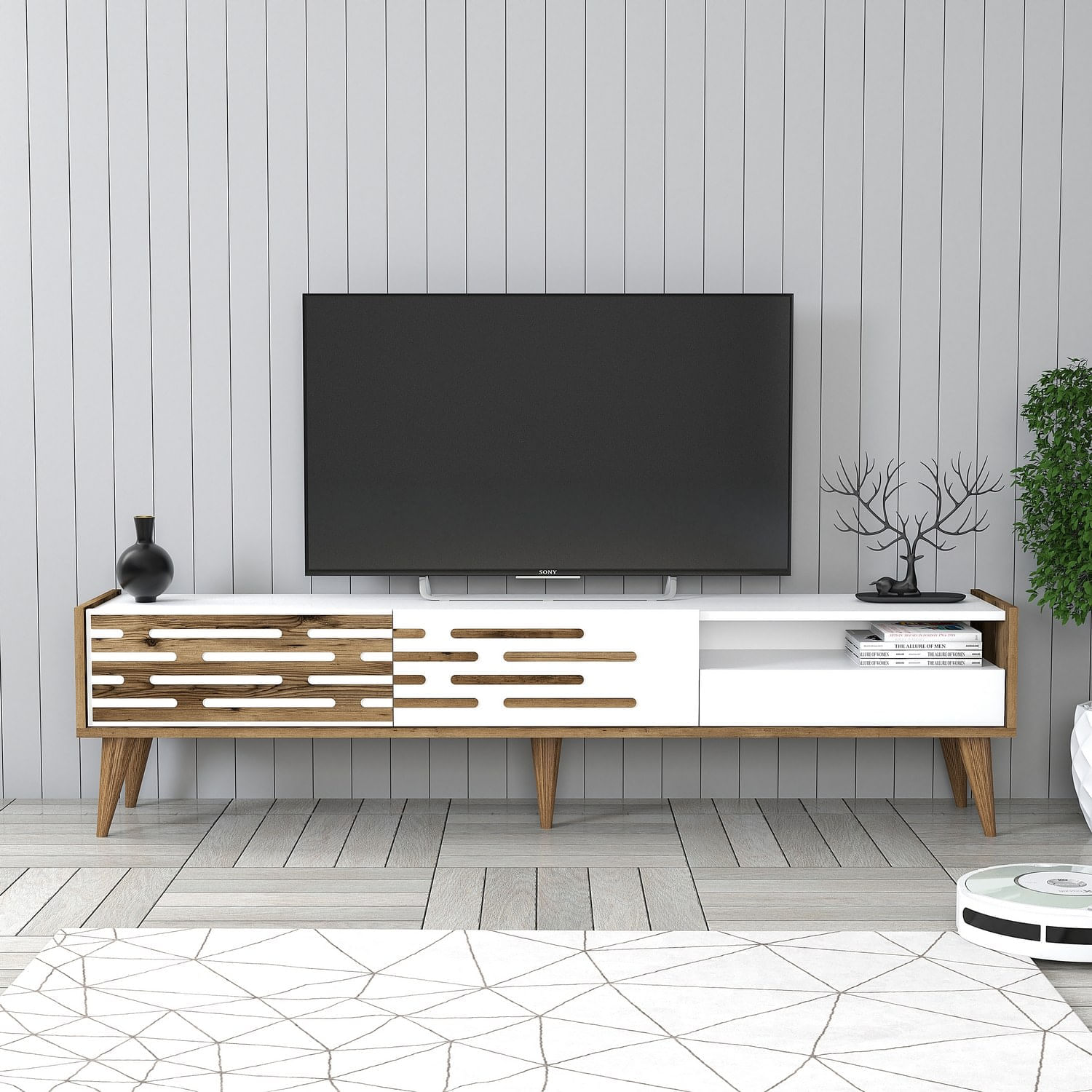 Comoda tv, Hanah Home, pal melaminat, nuc si alb, 180x45x35 cm, 845HCT5350 — imaginea 3
