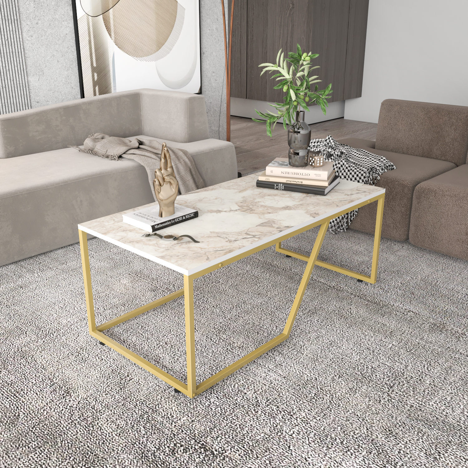 Masuta de cafea, Hanah Home, pal melaminat, alb auriu, 120x60x48 cm — imaginea 3