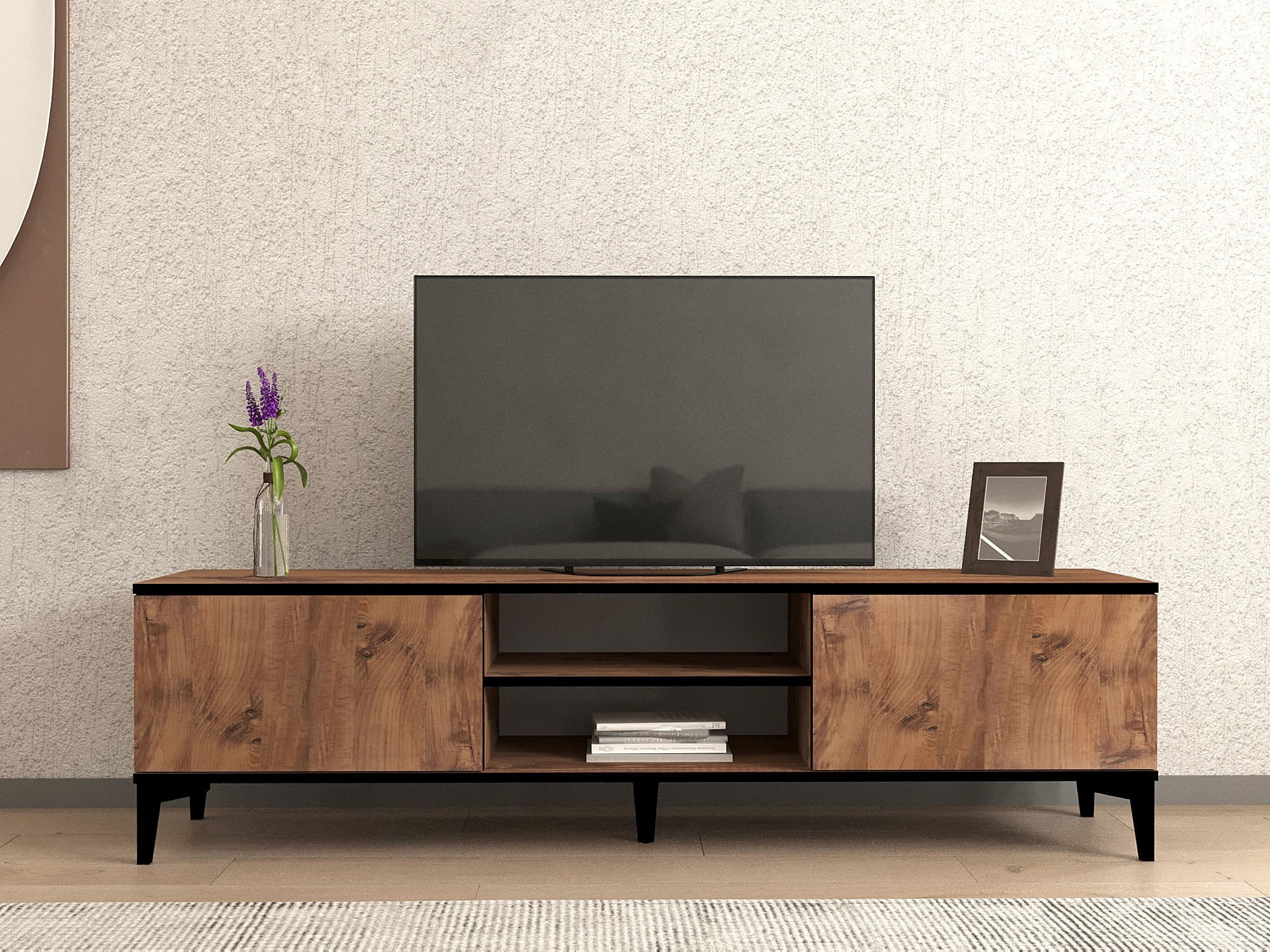 Comoda tv, Hanah Home, pal melaminat, pin atlantic si negru, 180x45x12 cm — imaginea 2