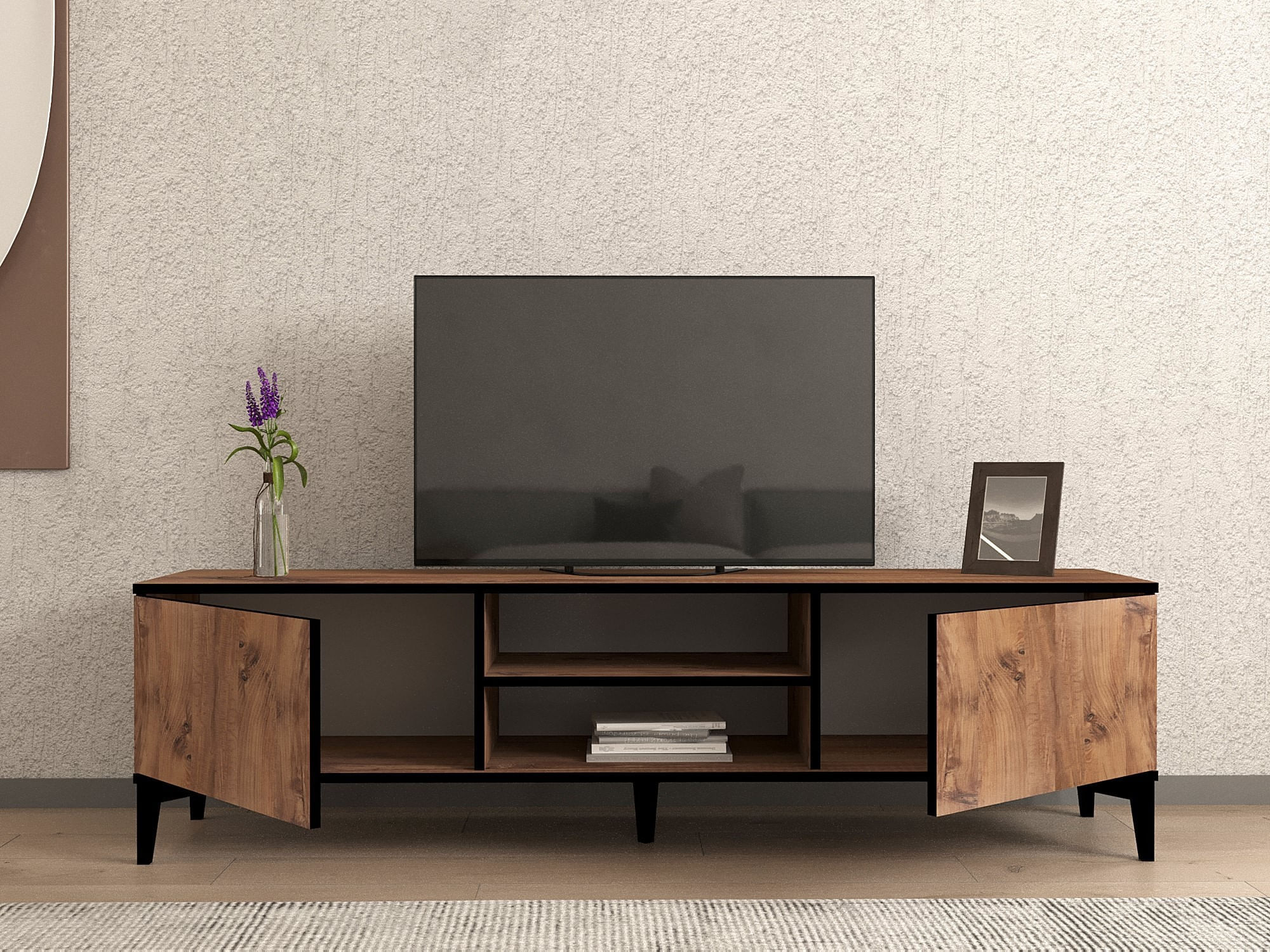 Comoda tv, Hanah Home, pal melaminat, pin atlantic si negru, 180x45x12 cm — imaginea 3