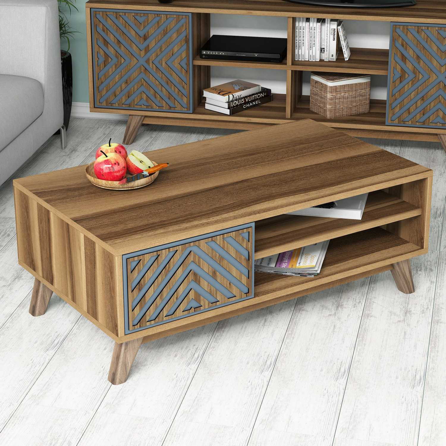 Masuta de cafea, Hanah Home, pal melaminat, nuc si albastru, 105x60x38.2 cm, 845HCT2839