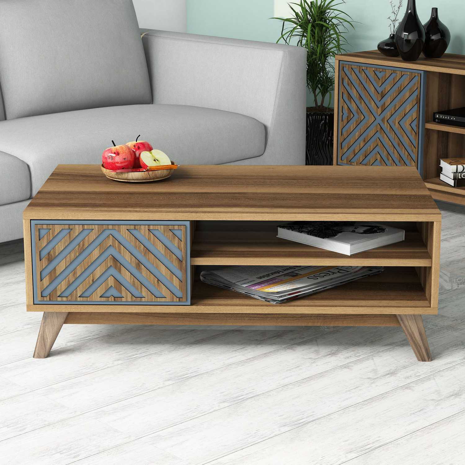 Masuta de cafea, Hanah Home, pal melaminat, nuc si albastru, 105x60x38.2 cm, 845HCT2839 — imaginea 2