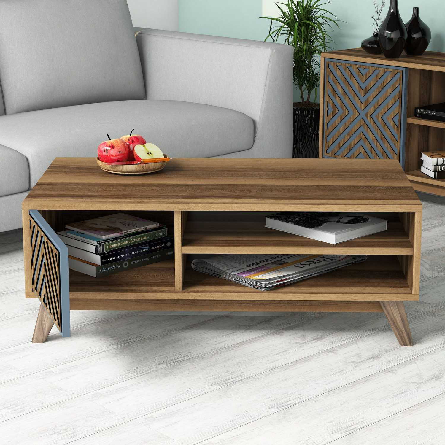 Masuta de cafea, Hanah Home, pal melaminat, nuc si albastru, 105x60x38.2 cm, 845HCT2839 — imaginea 3