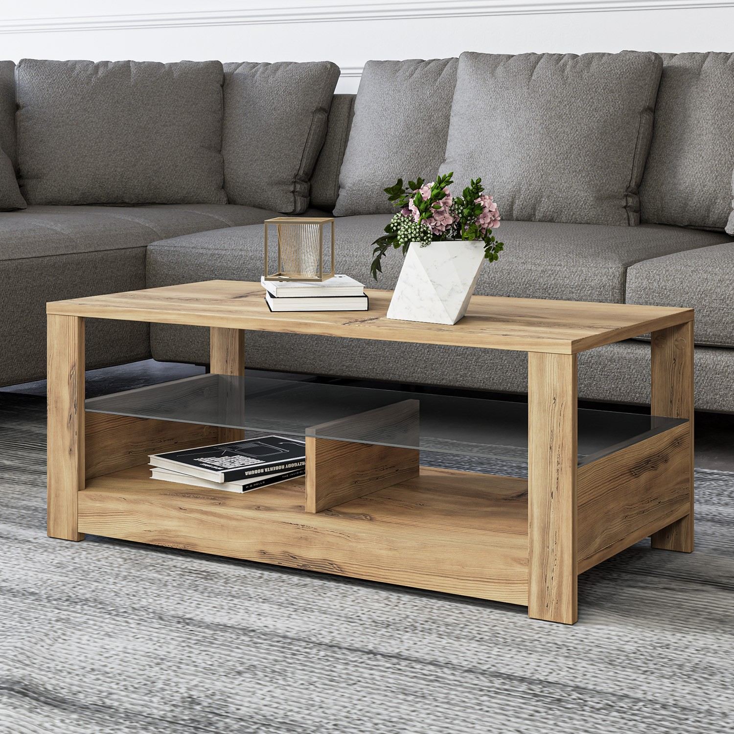 Masuta de cafea, Hanah Home, pal melaminat, stejar, 90x45x37 cm — imaginea 2