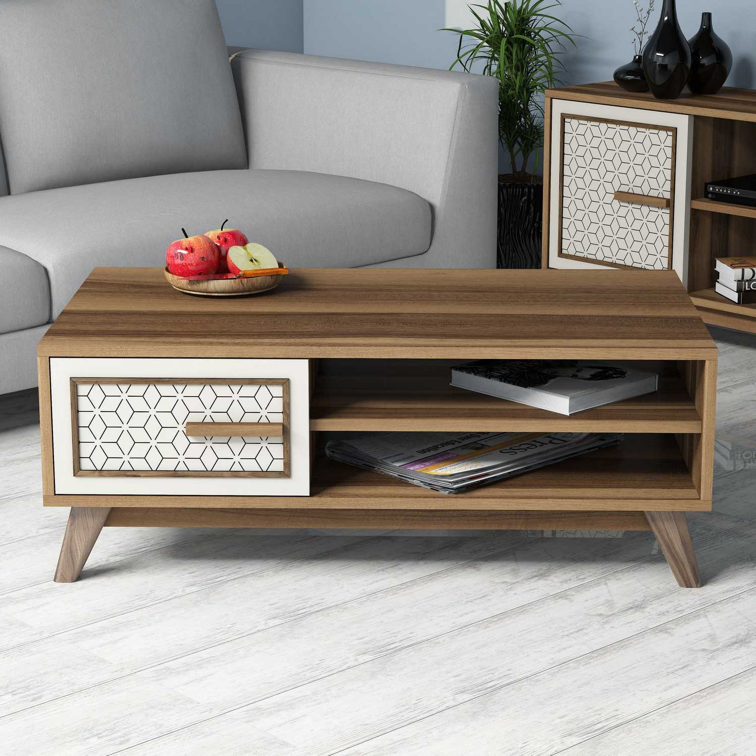 Masuta de cafea, Hanah Home, pal melaminat, nuc, crem, 105x60x38.2 cm