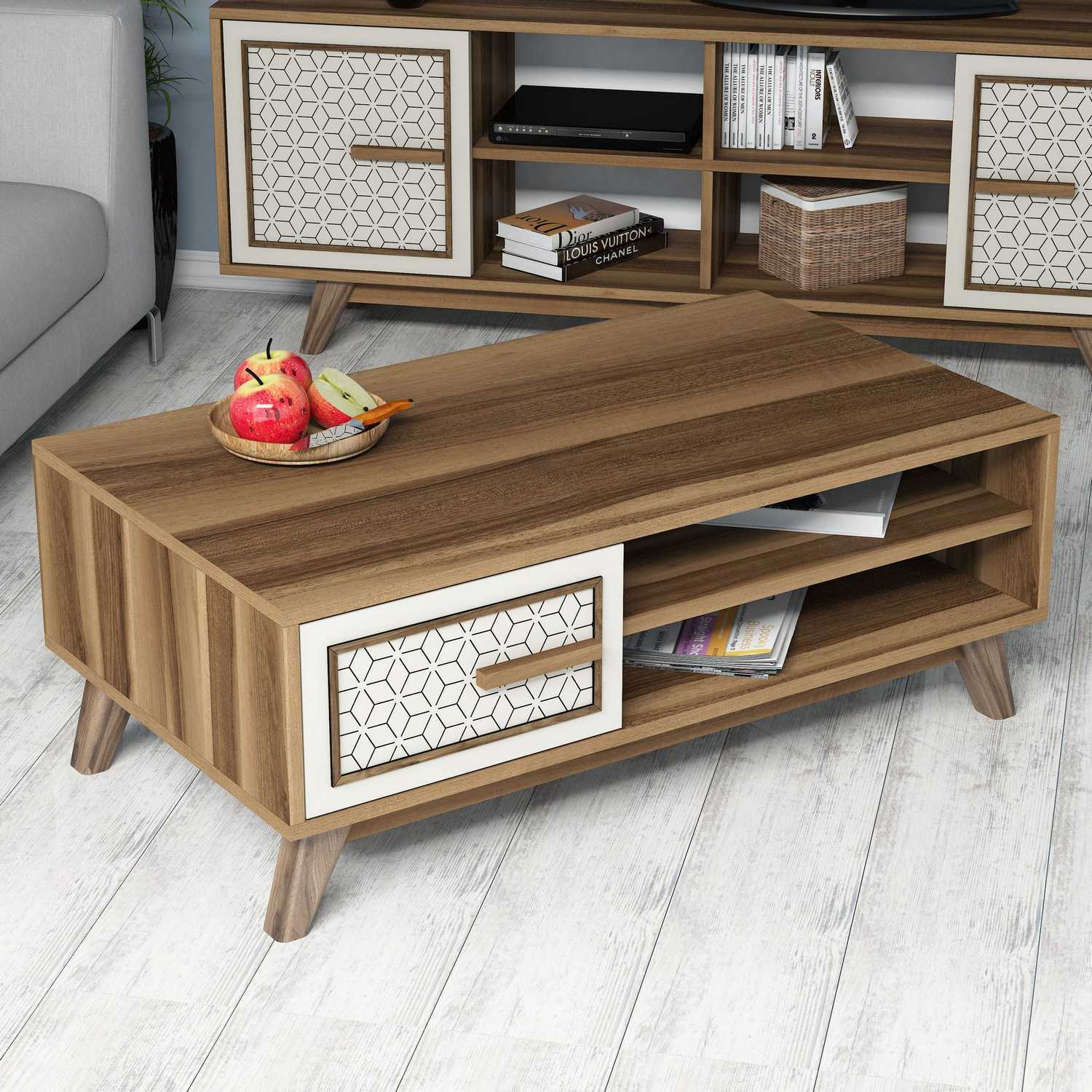 Masuta de cafea, Hanah Home, pal melaminat, nuc, crem, 105x60x38.2 cm — imaginea 2
