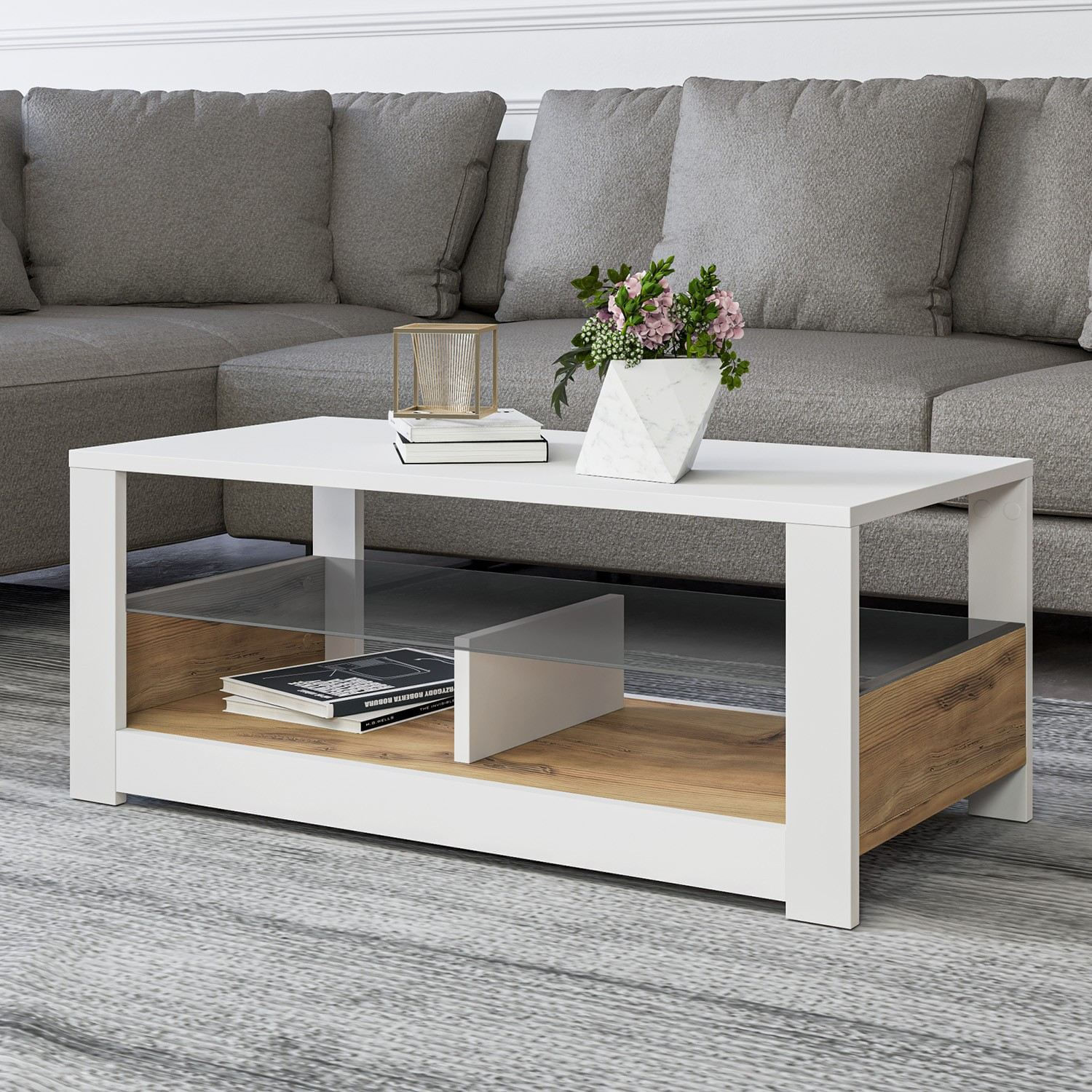 Masuta de cafea, Hanah Home, pal melaminat, alb si stejar, 90x45x37 cm — imaginea 2