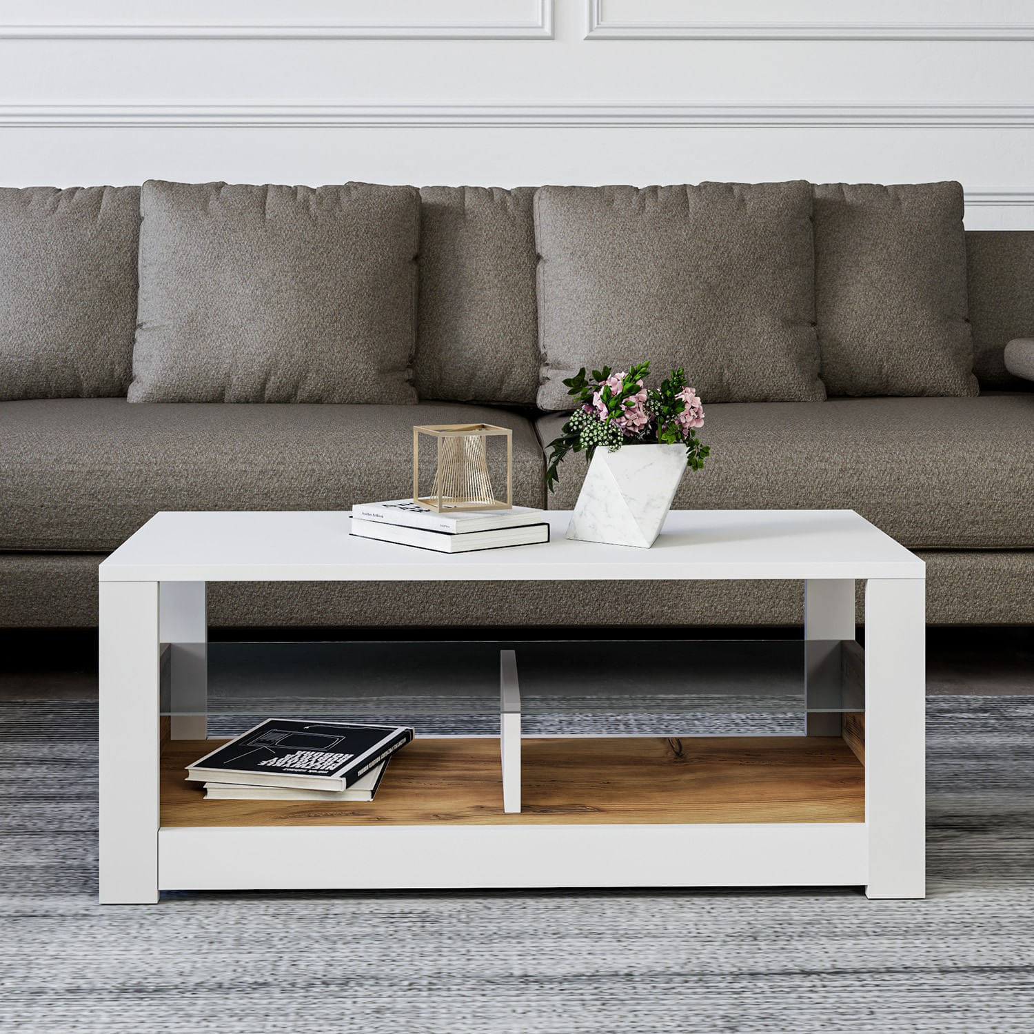 Masuta de cafea, Hanah Home, pal melaminat, alb si stejar, 90x45x37 cm — imaginea 3