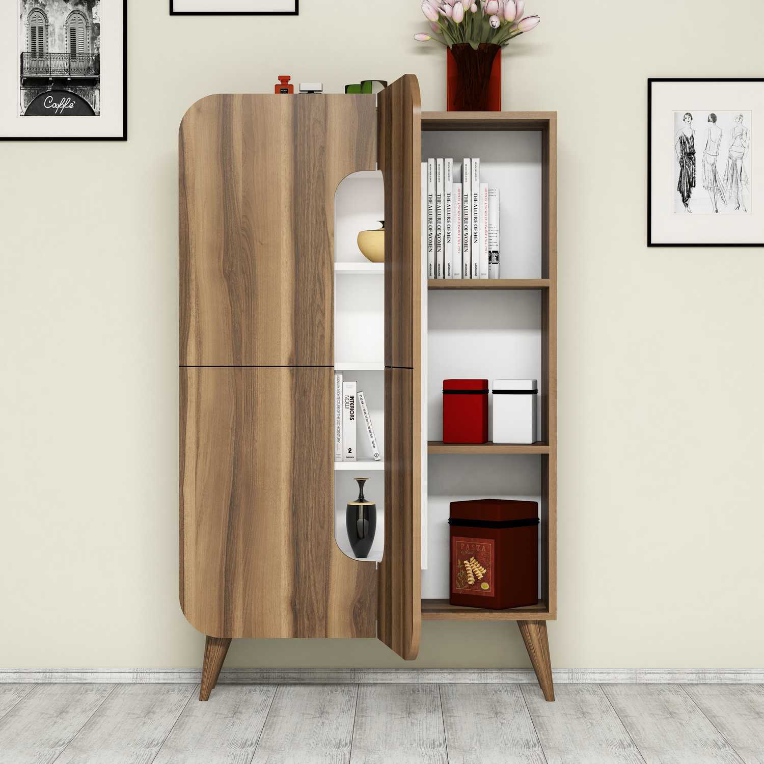 Dulap multifunctional, Hanah Home, pal melaminat, nuc si alb, 93x31.8x144 cm — imaginea 2