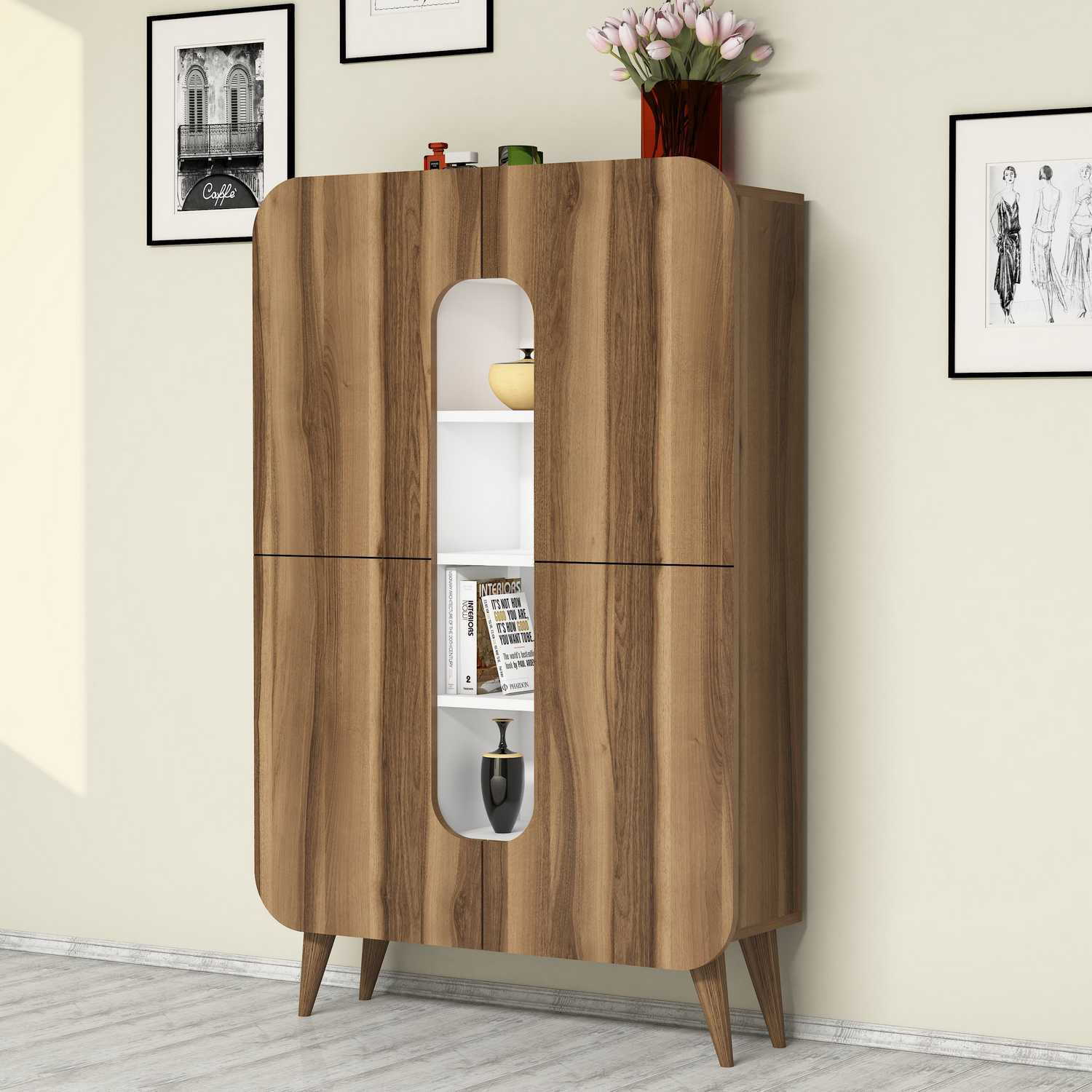 Dulap multifunctional, Hanah Home, pal melaminat, nuc si alb, 93x31.8x144 cm — imaginea 3