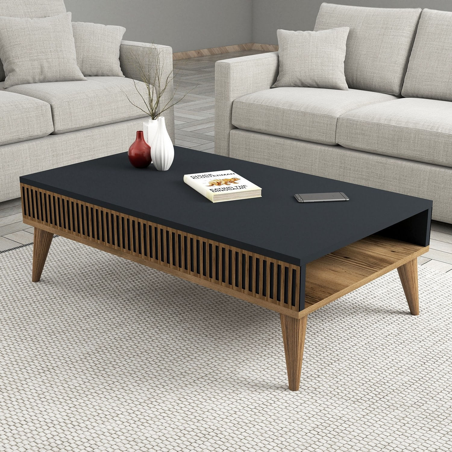 Masuta de cafea, Hanah Home, pal melaminat, nuc si antracit, 105x60x34.6 cm, 845HCT2888 — imaginea 2