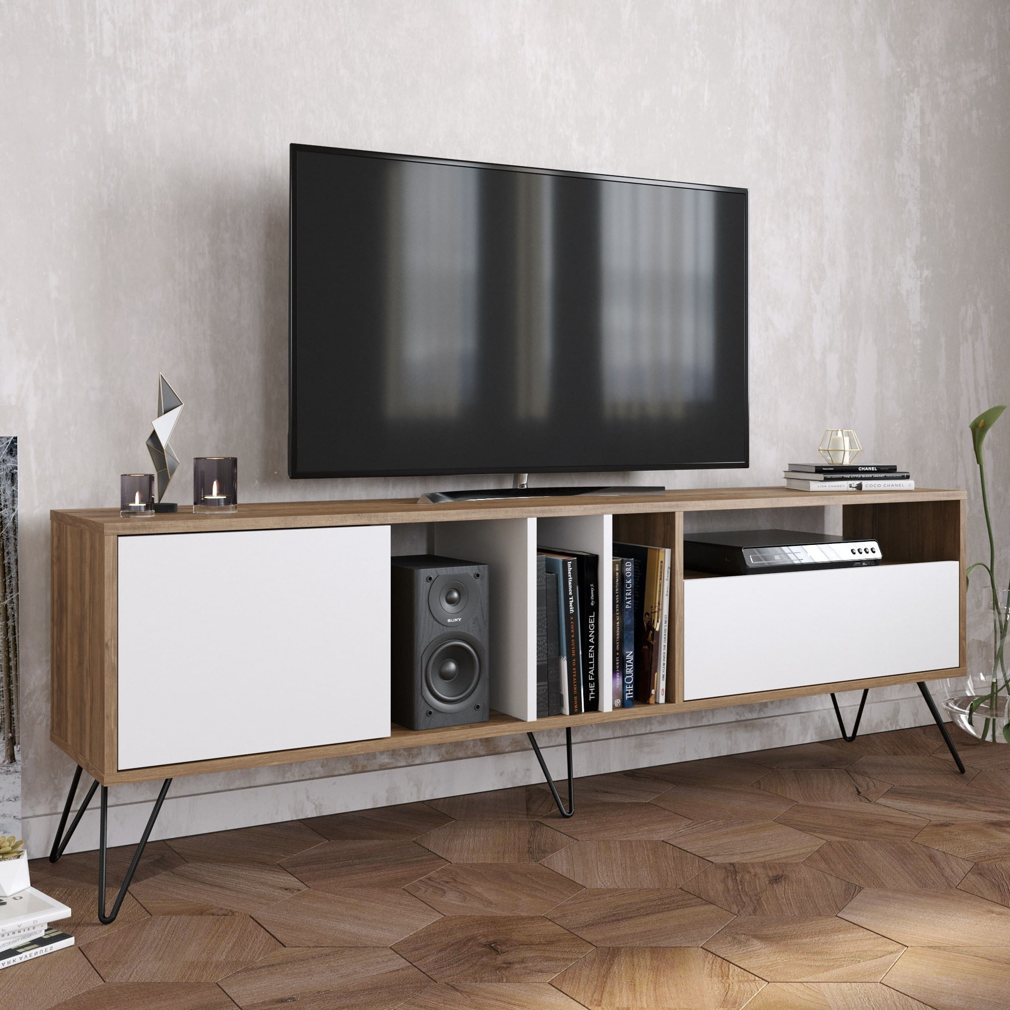 Comoda tv, Hanah Home, pal melaminat, nuc, alb, 180x35.5x58.7 cm — imaginea 2