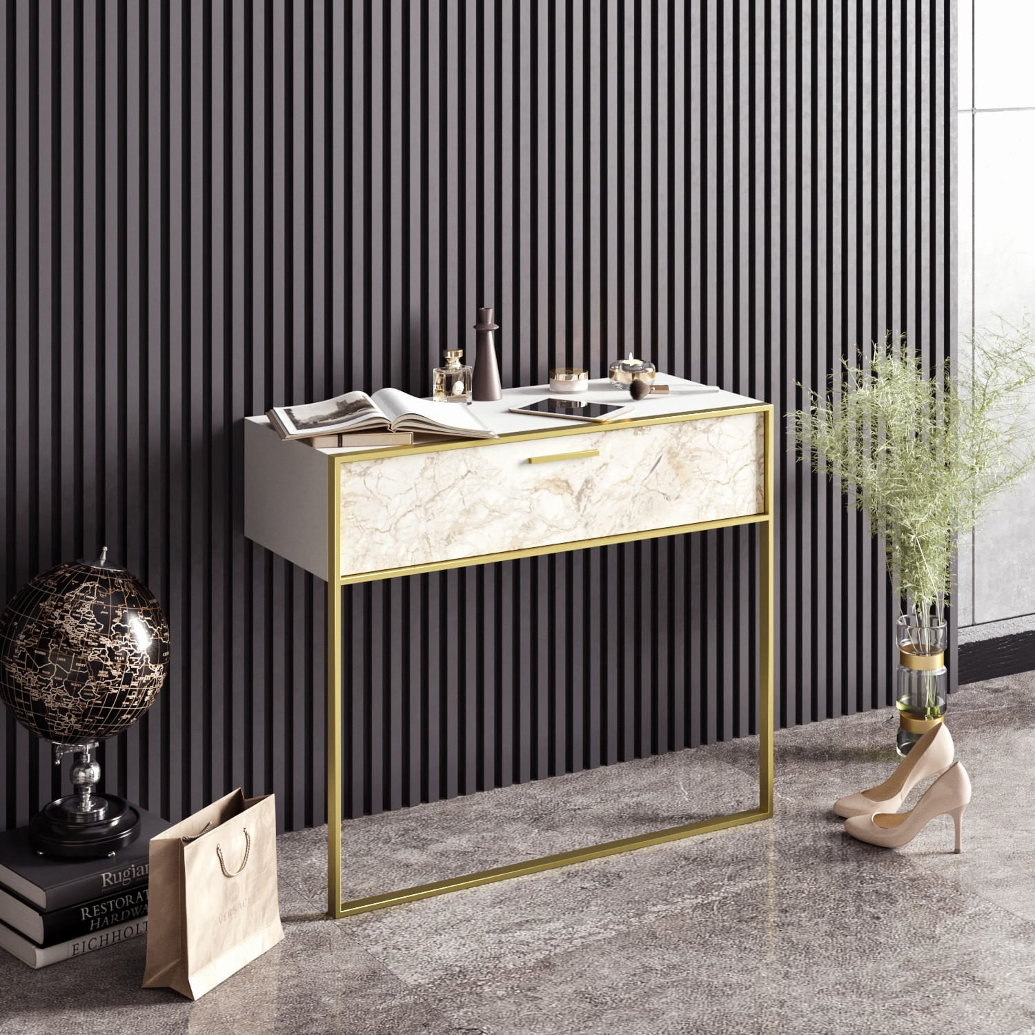 Consola, Hanah Home, panou de particule melaminat, auriu alb, 90x38.5x76.8 cm — imaginea 2