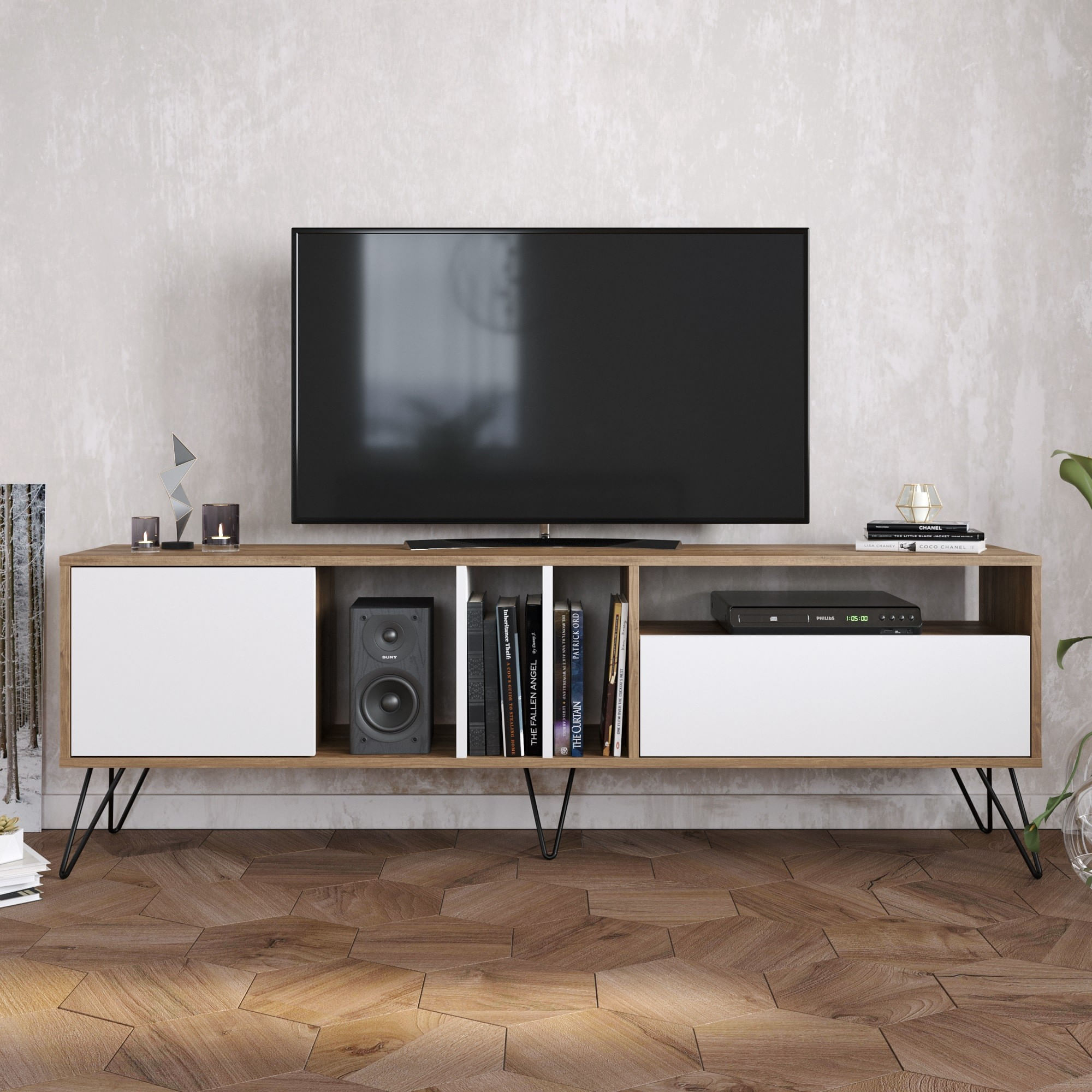 Comoda tv, Hanah Home, pal melaminat, nuc, alb, 180x35.5x58.7 cm — imaginea 3
