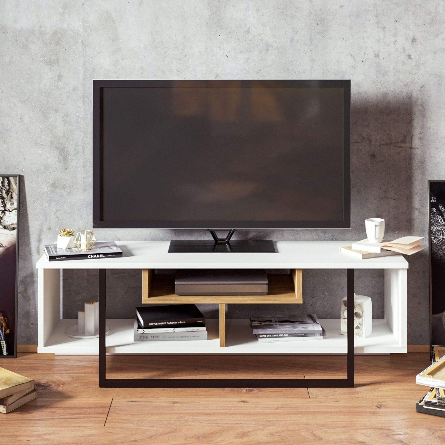 Suport tv, Hanah Home, pal melaminat, alb, negru, stejar, 119.4x40.2x35.2 cm — imaginea 3