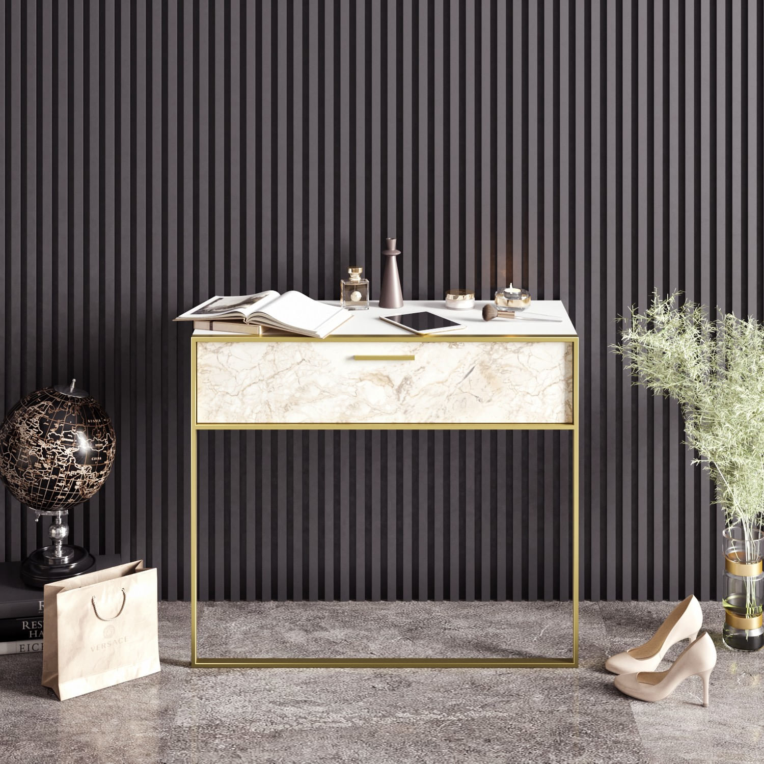 Consola, Hanah Home, panou de particule melaminat, auriu alb, 90x38.5x76.8 cm — imaginea 4