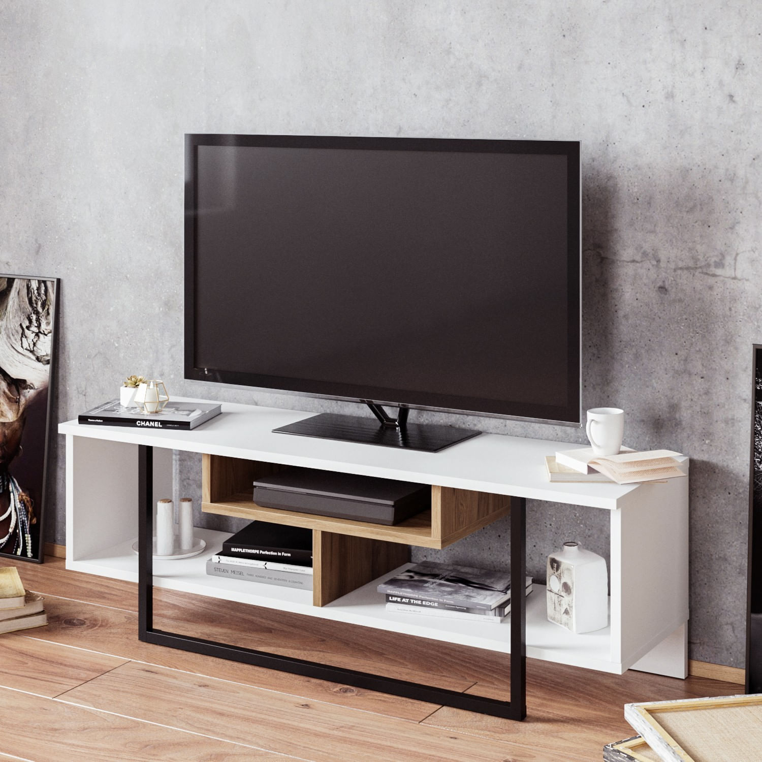 Suport tv, Hanah Home, pal melaminat, alb, negru, stejar, 119.4x40.2x35.2 cm — imaginea 4