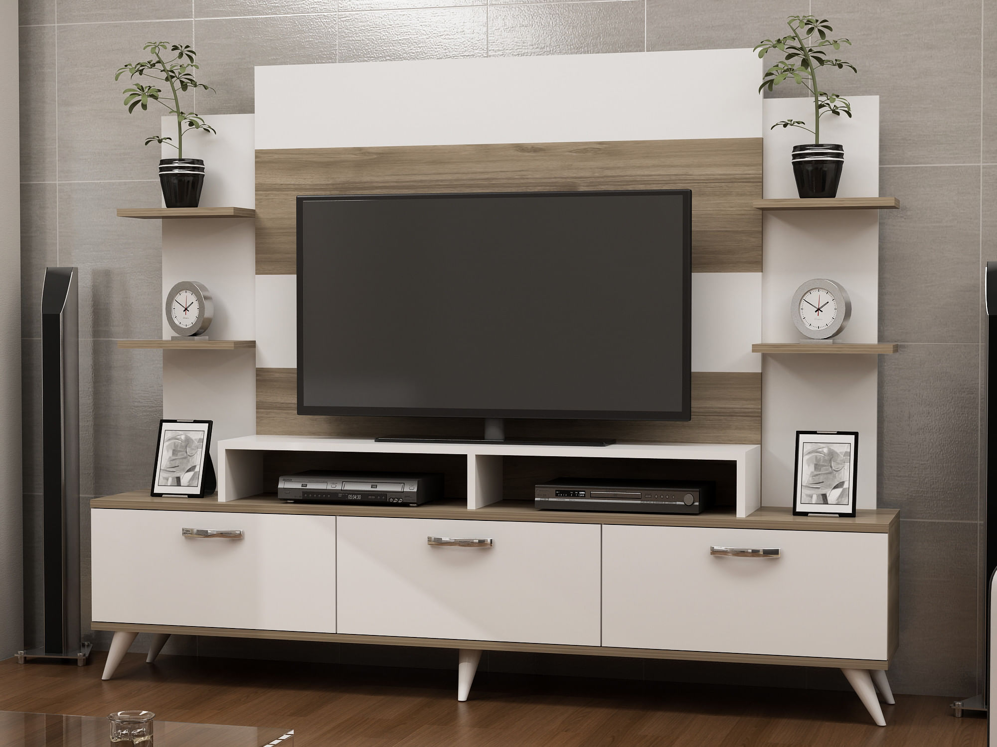 Comoda tv, Hanah Home, pal melaminat, alb si nuc, 180x143x30 cm — imaginea 2