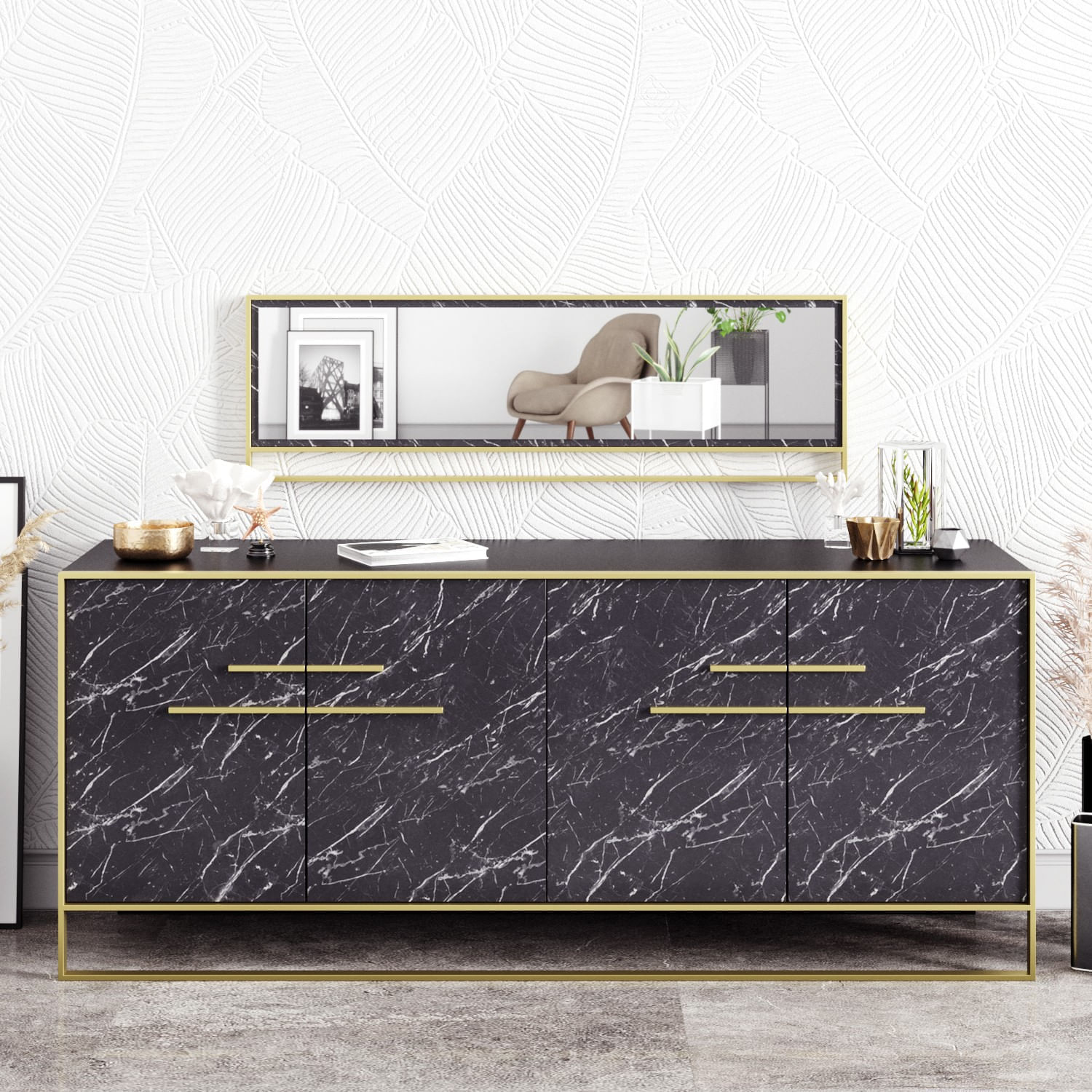 Consola, Hanah Home, panou aglomerat cu melamina, auriu si negru, 179.9x47.3x75 cm, 875ZNA3515 — imaginea 3