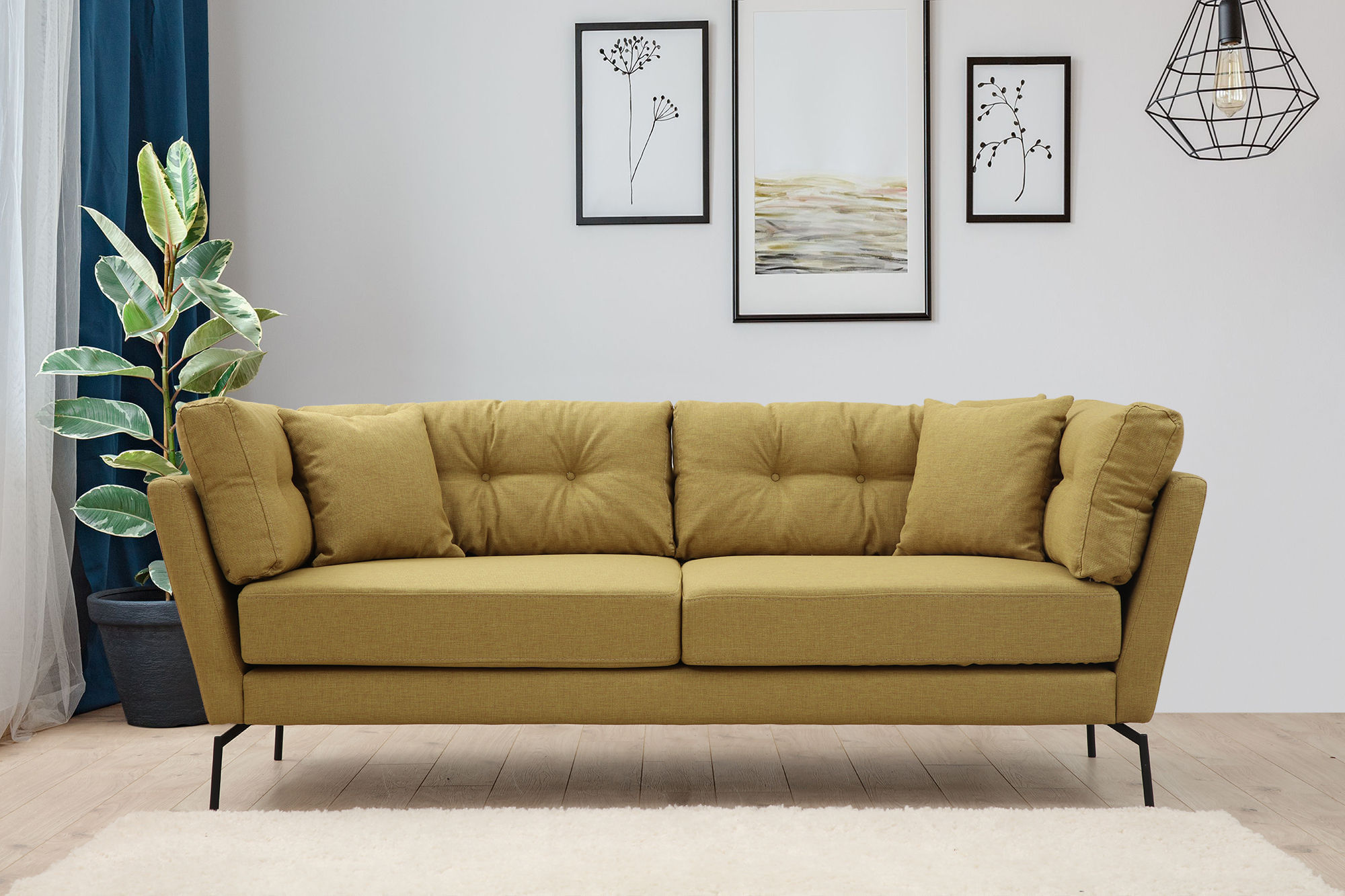 Canapea 3 locuri, Hanah Home, lemn fag si pal, galben verzui, 214x90x84 cm — imaginea 2