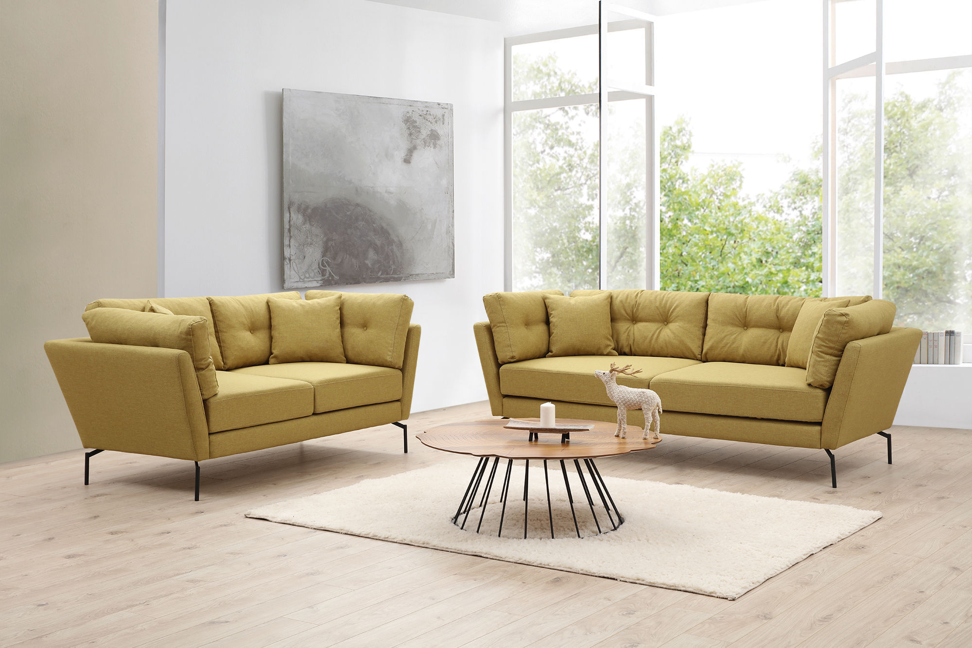 Canapea 3 locuri, Hanah Home, lemn fag si pal, galben verzui, 214x90x84 cm — imaginea 3