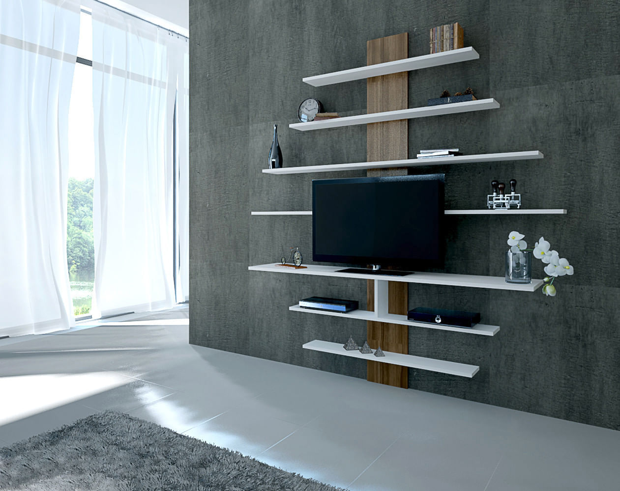 Comoda tv, Hanah Home, pal melaminat, alb si nuc, 160x160x30 cm — imaginea 2