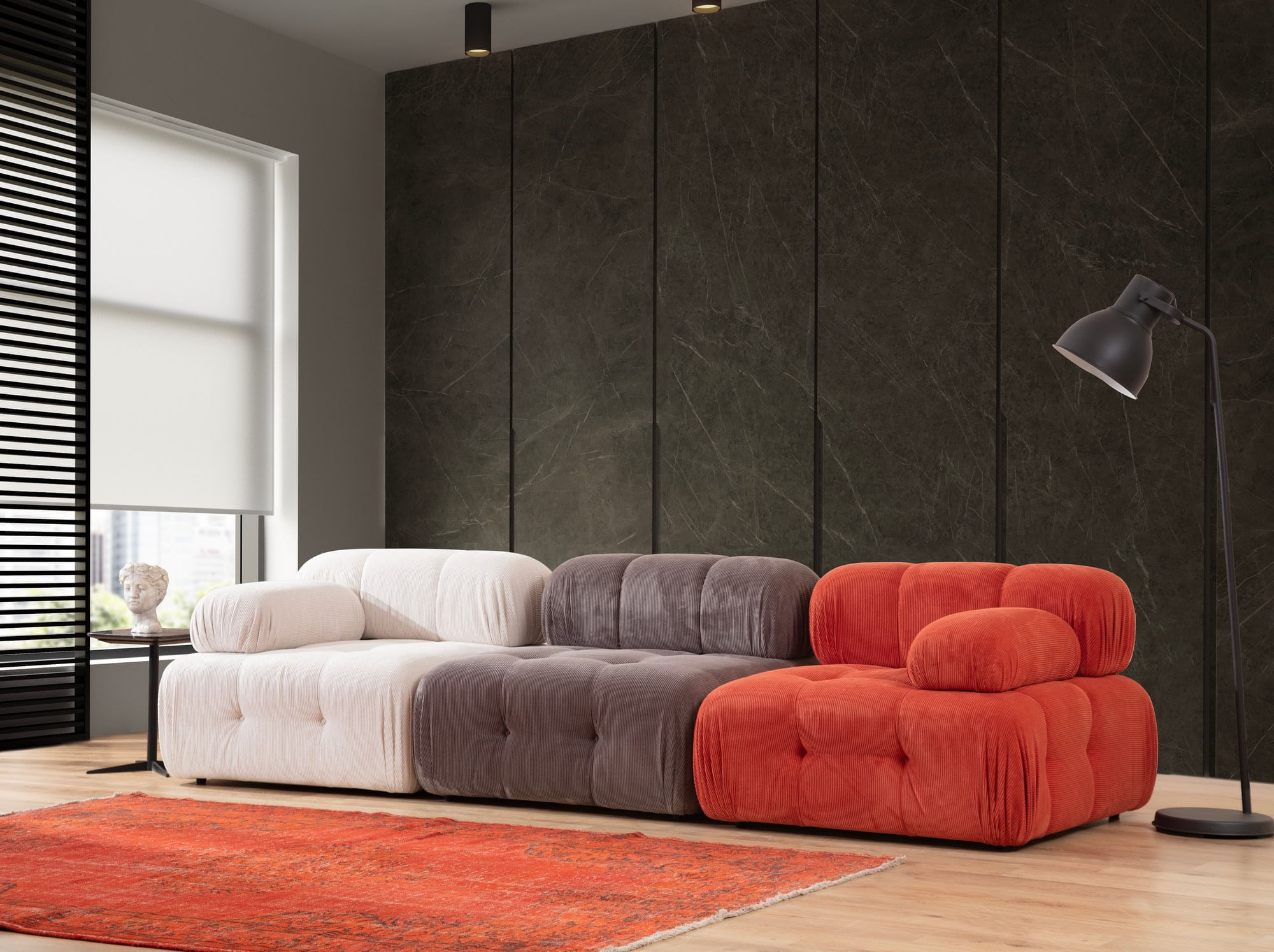 Canapea 3 locuri, Hanah Home, lemn fag si pal, rosu alb gri, 300x100x80 cm — imaginea 2